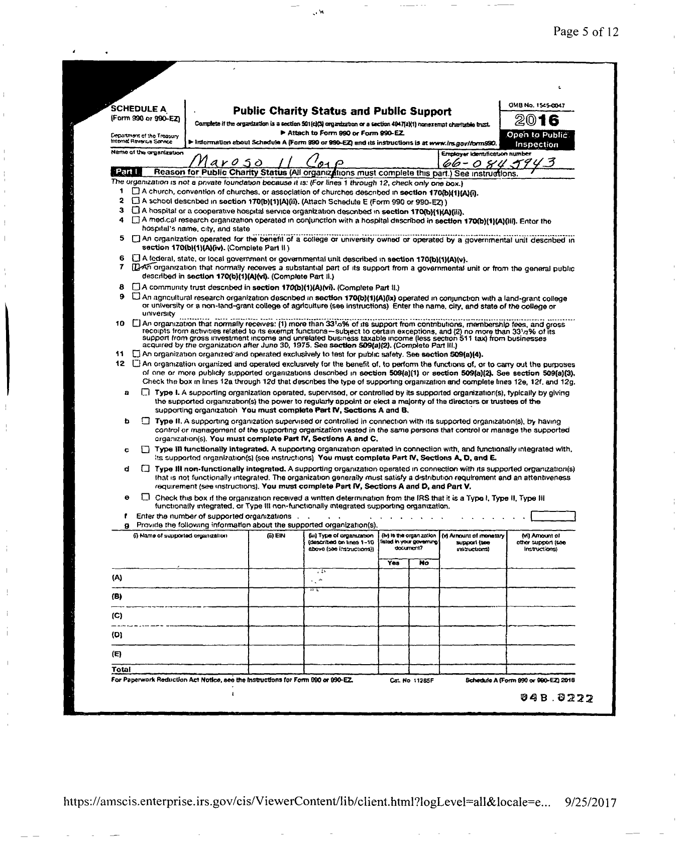 Image of first page of 2016 Form 990ER for Maroso Ii Corporation