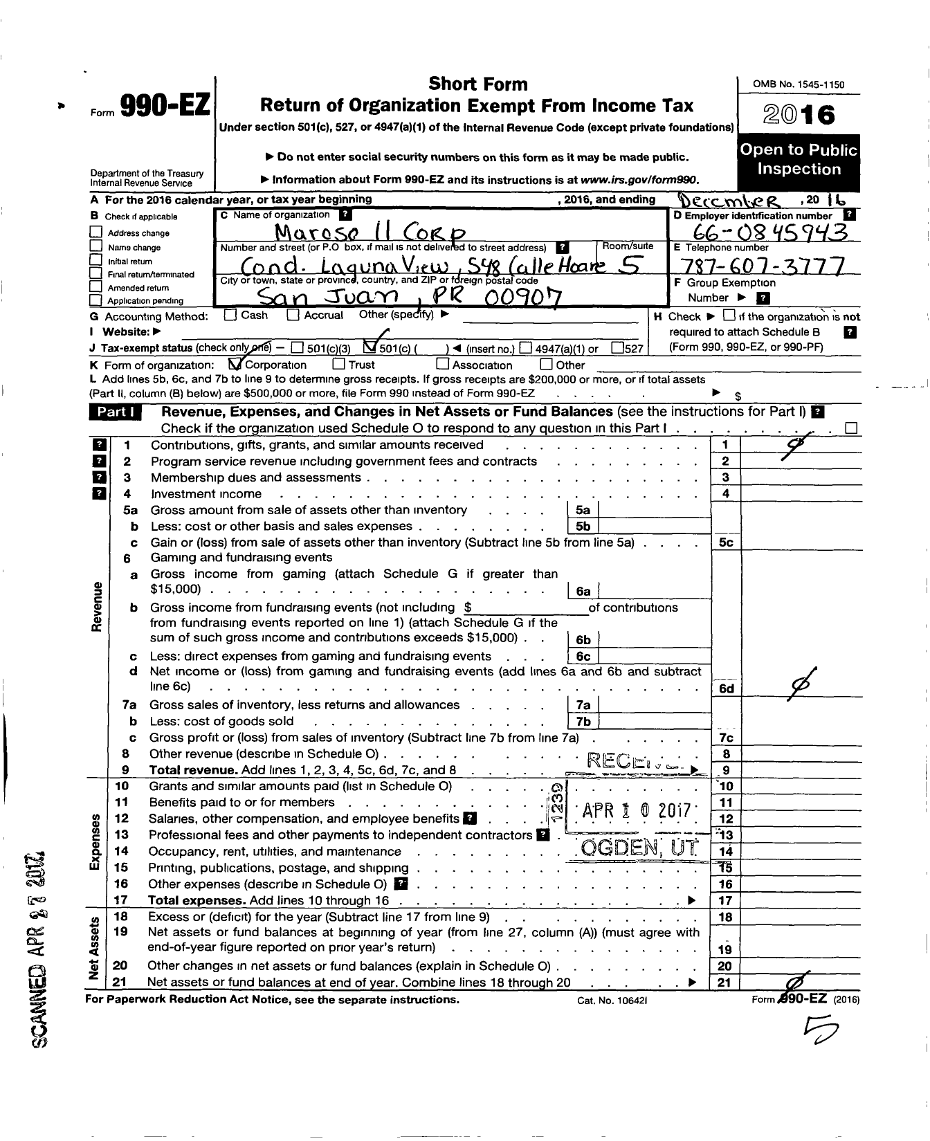 Image of first page of 2016 Form 990EO for Maroso Ii Corporation