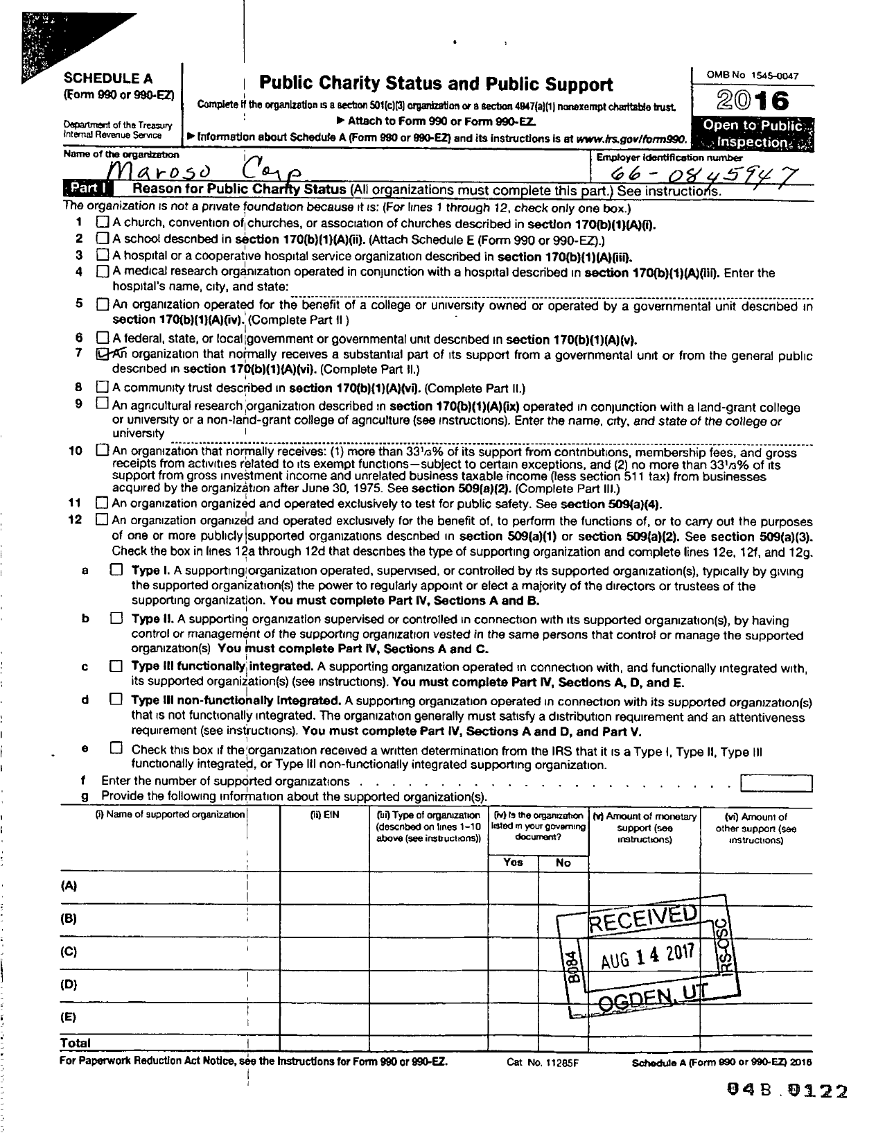 Image of first page of 2016 Form 990ER for Maroso Corporation
