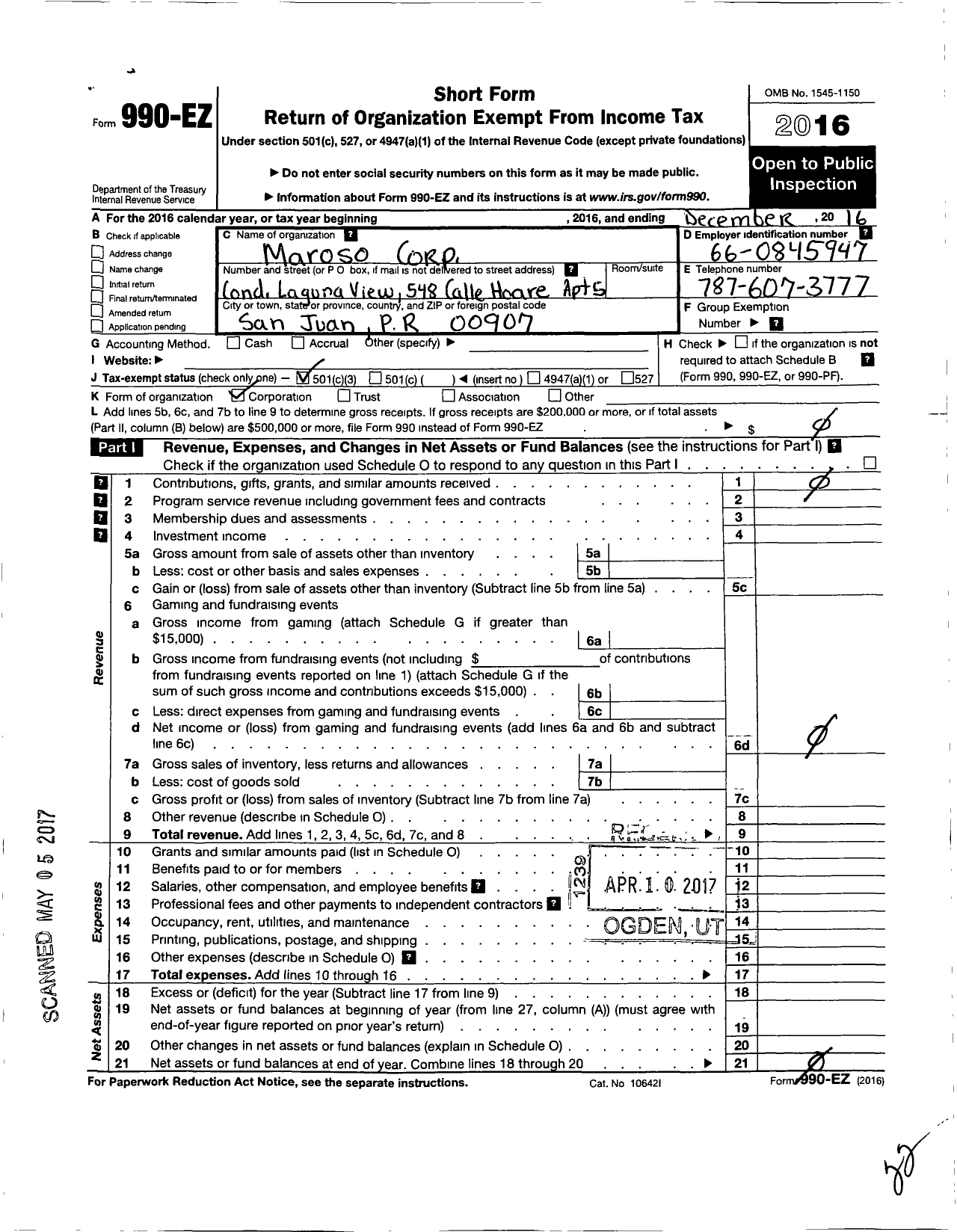 Image of first page of 2016 Form 990EZ for Maroso Corporation