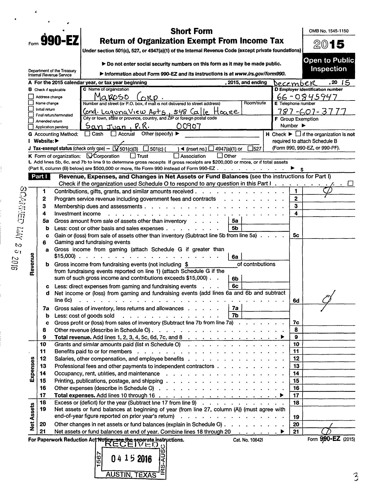 Image of first page of 2015 Form 990EZ for Maroso Corporation