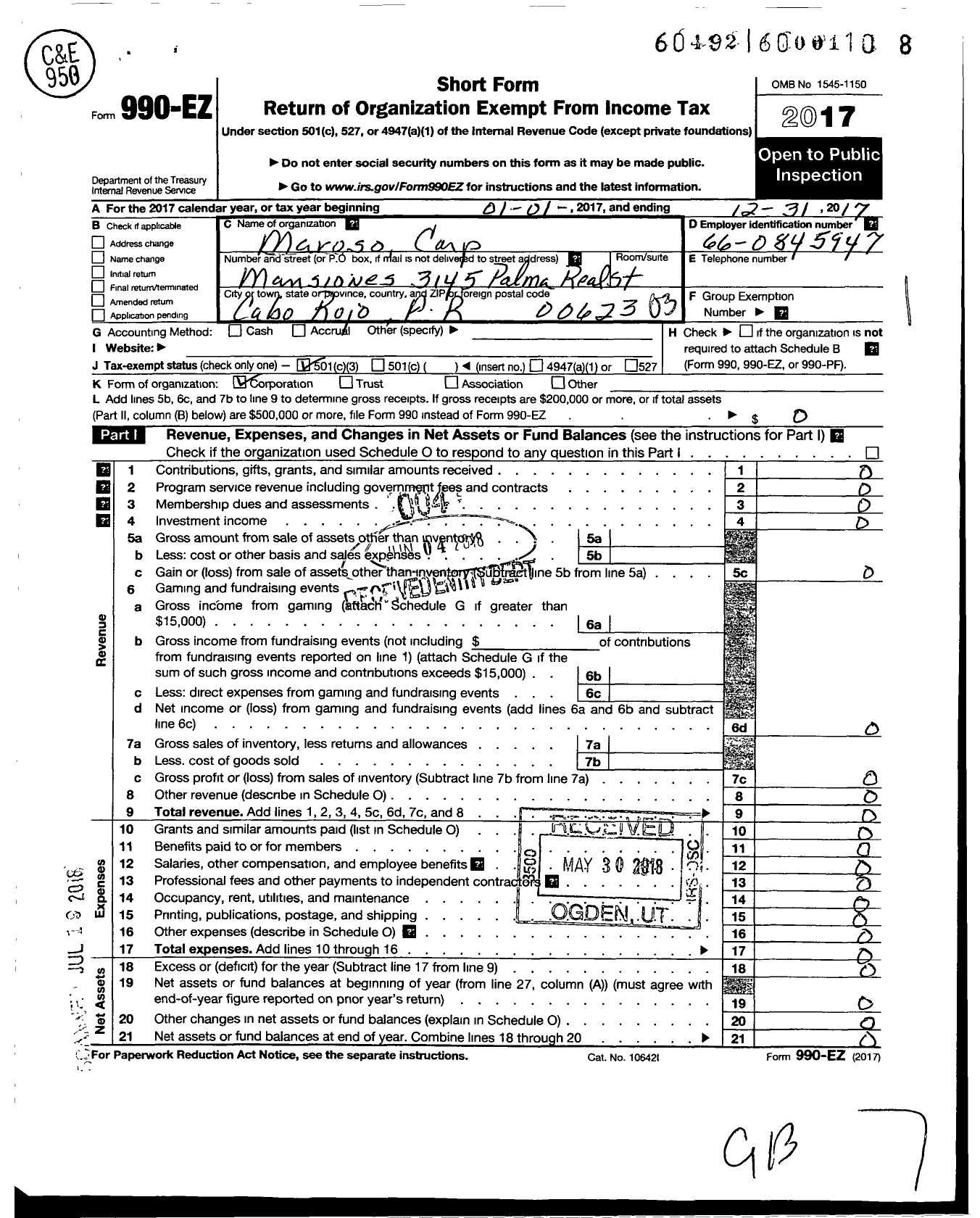 Image of first page of 2017 Form 990EZ for Maroso Corporation