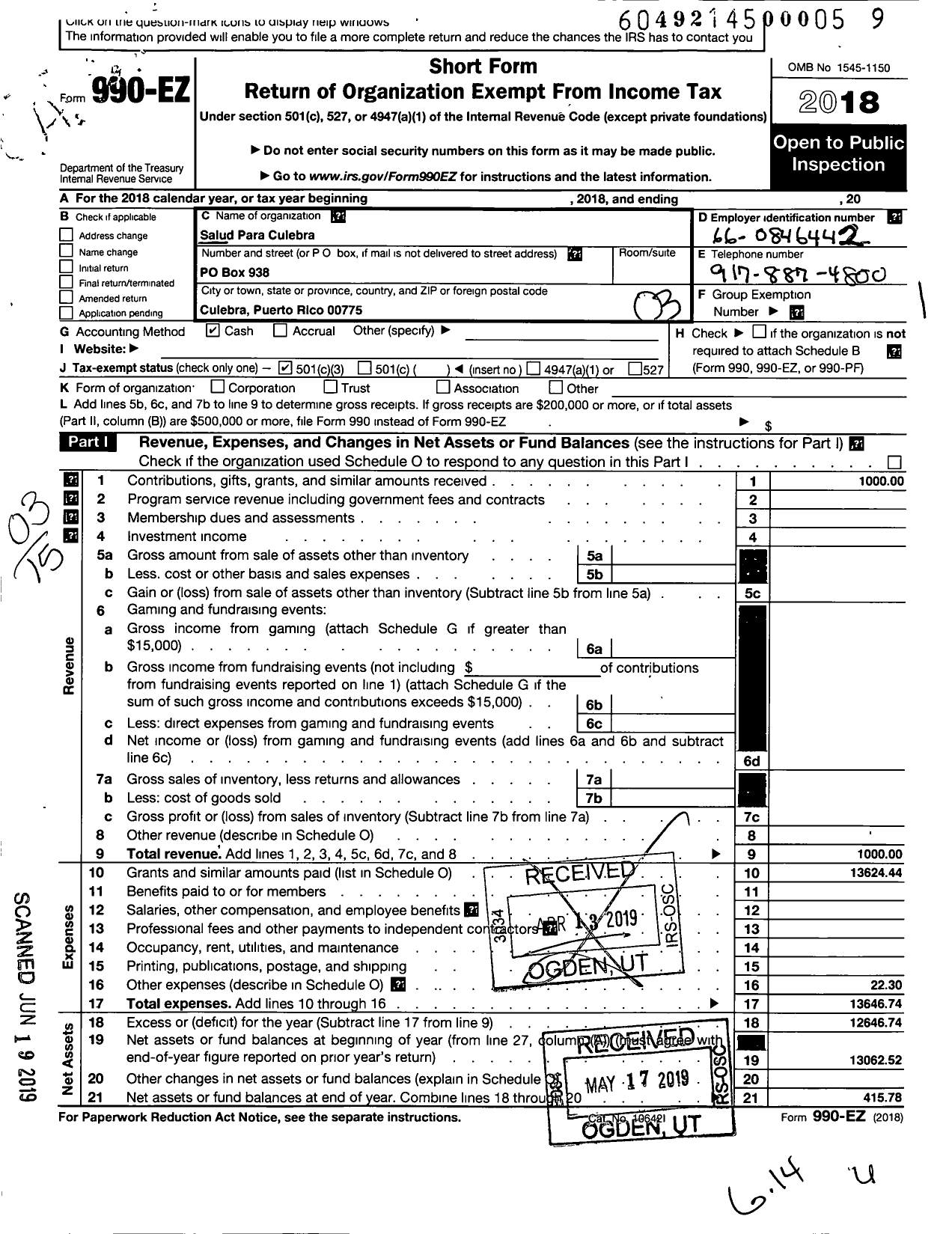 Image of first page of 2018 Form 990EZ for Salud Para Culebra