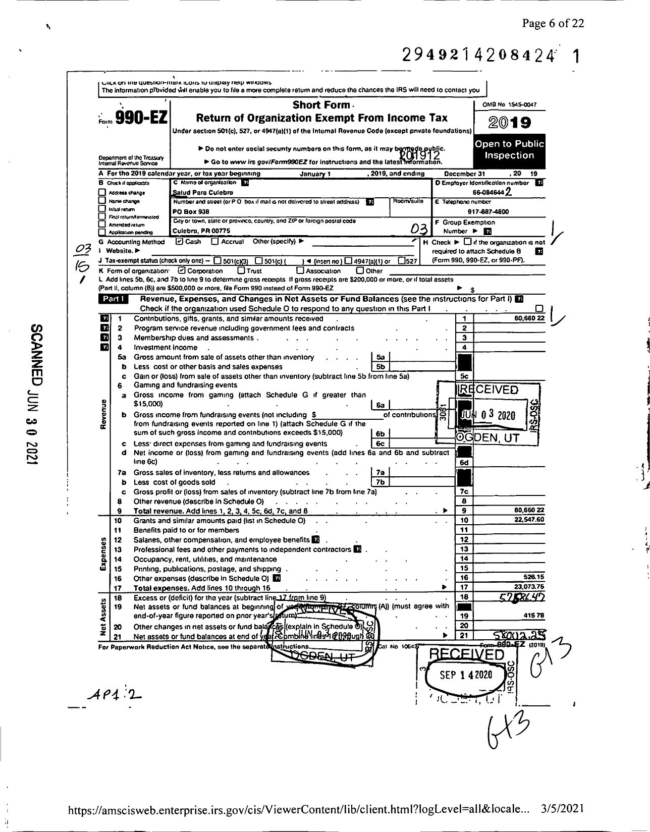 Image of first page of 2019 Form 990EZ for Salud Para Culebra