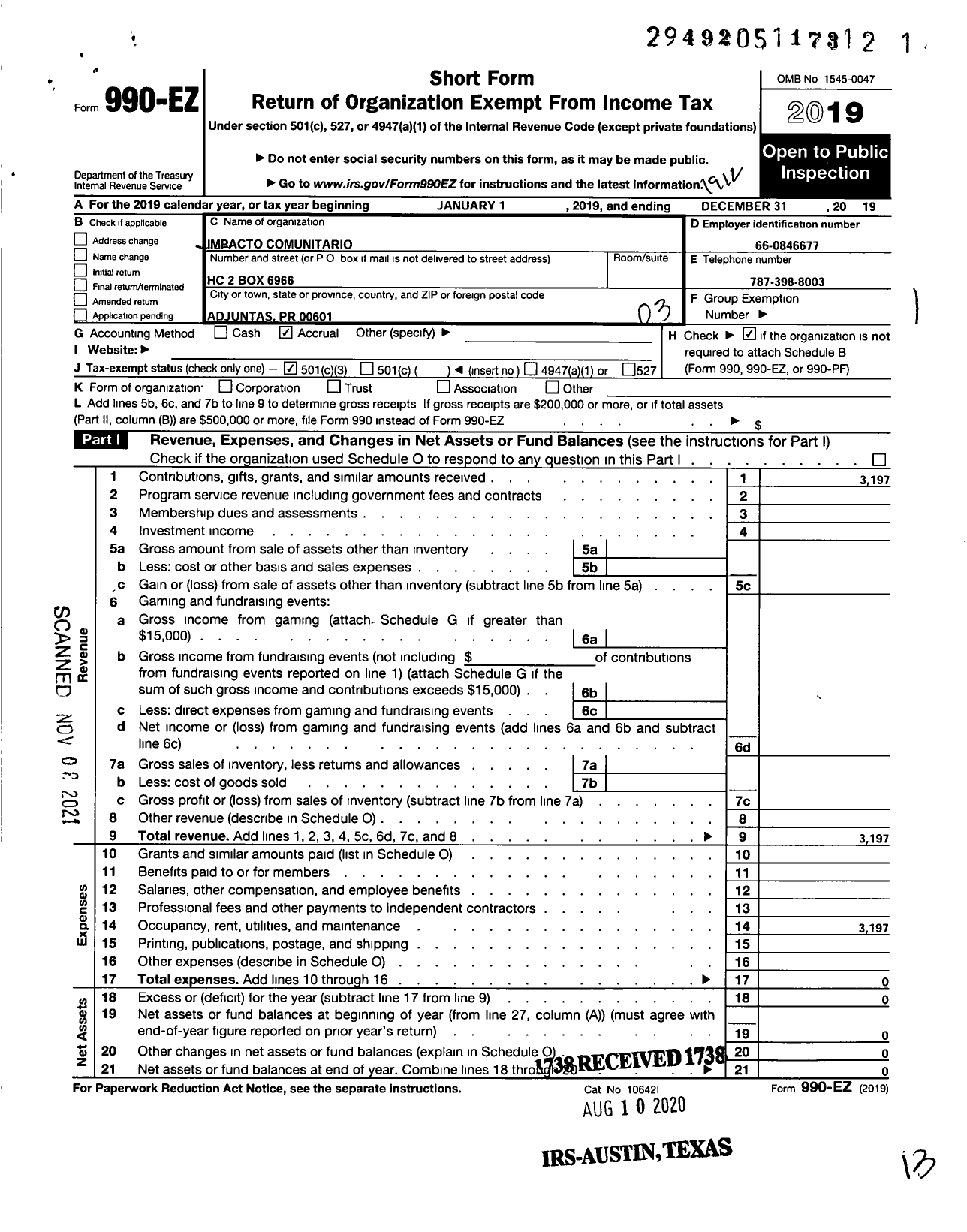 Image of first page of 2019 Form 990EZ for Impacto Comunitario