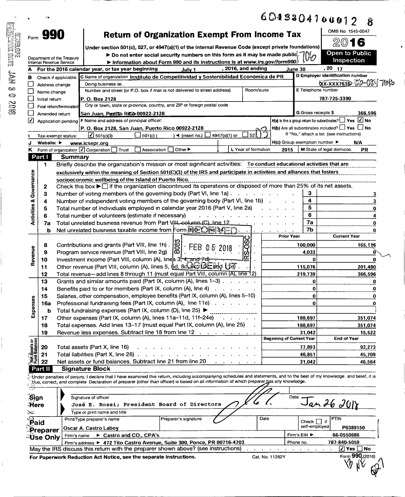 Image of first page of 2016 Form 990 for Instituto de Competitividad Y Sostnibilidad Economica de PR