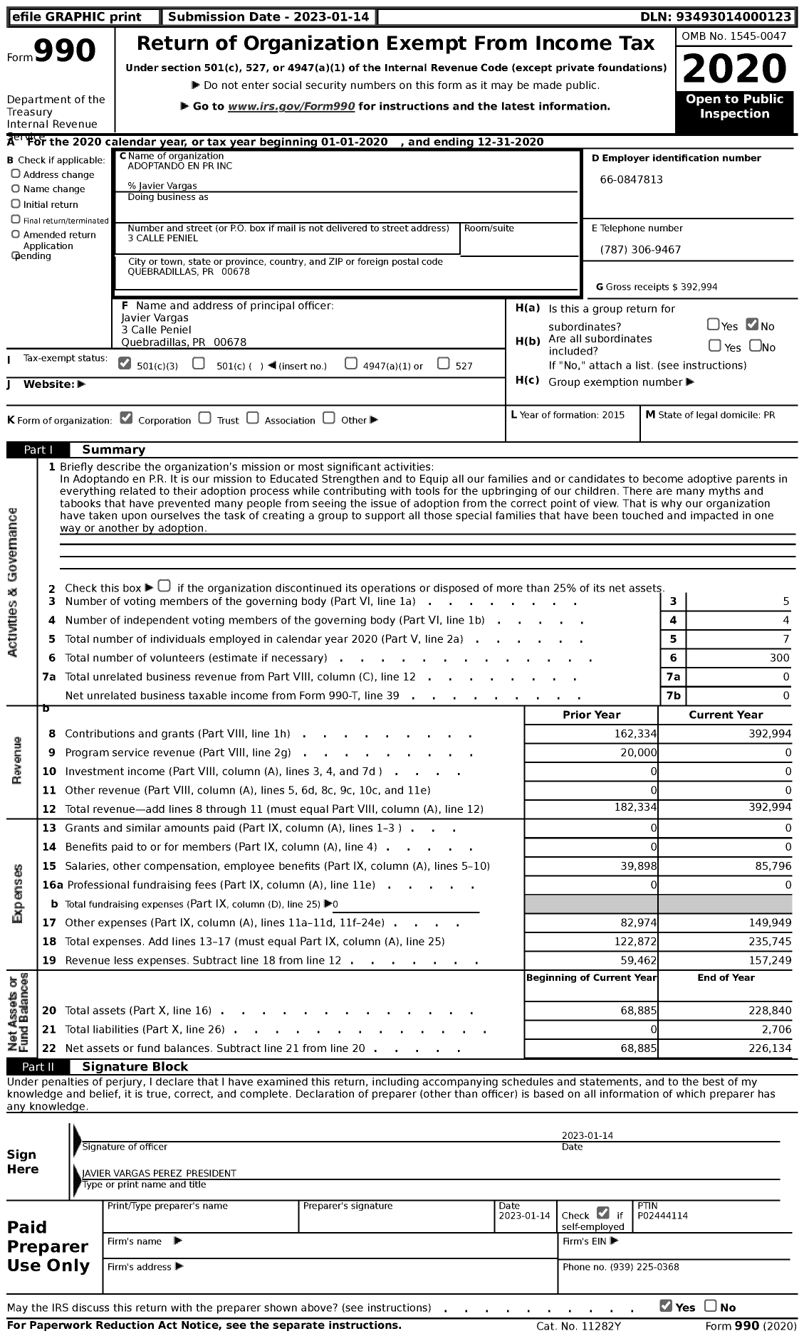 Image of first page of 2020 Form 990 for Adoptando En PR