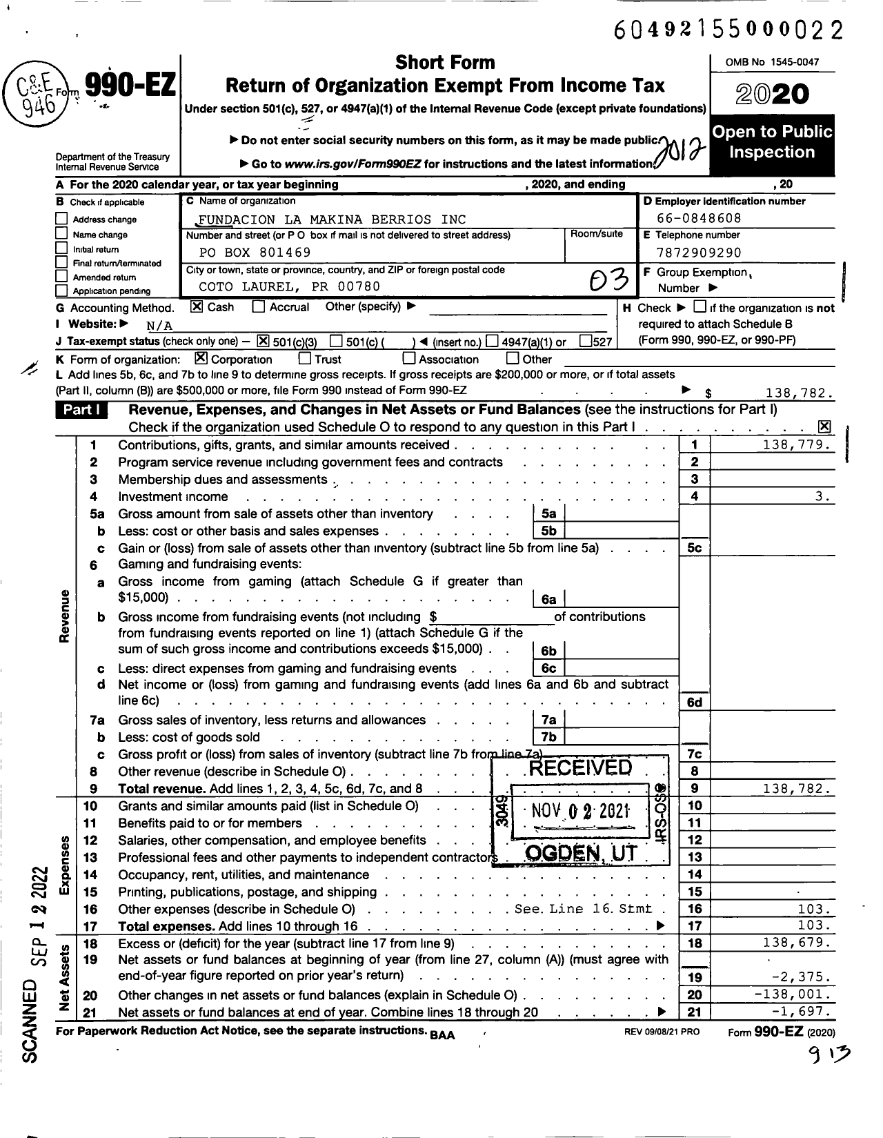 Image of first page of 2020 Form 990EZ for Fundacion Jose La Makina Berrios