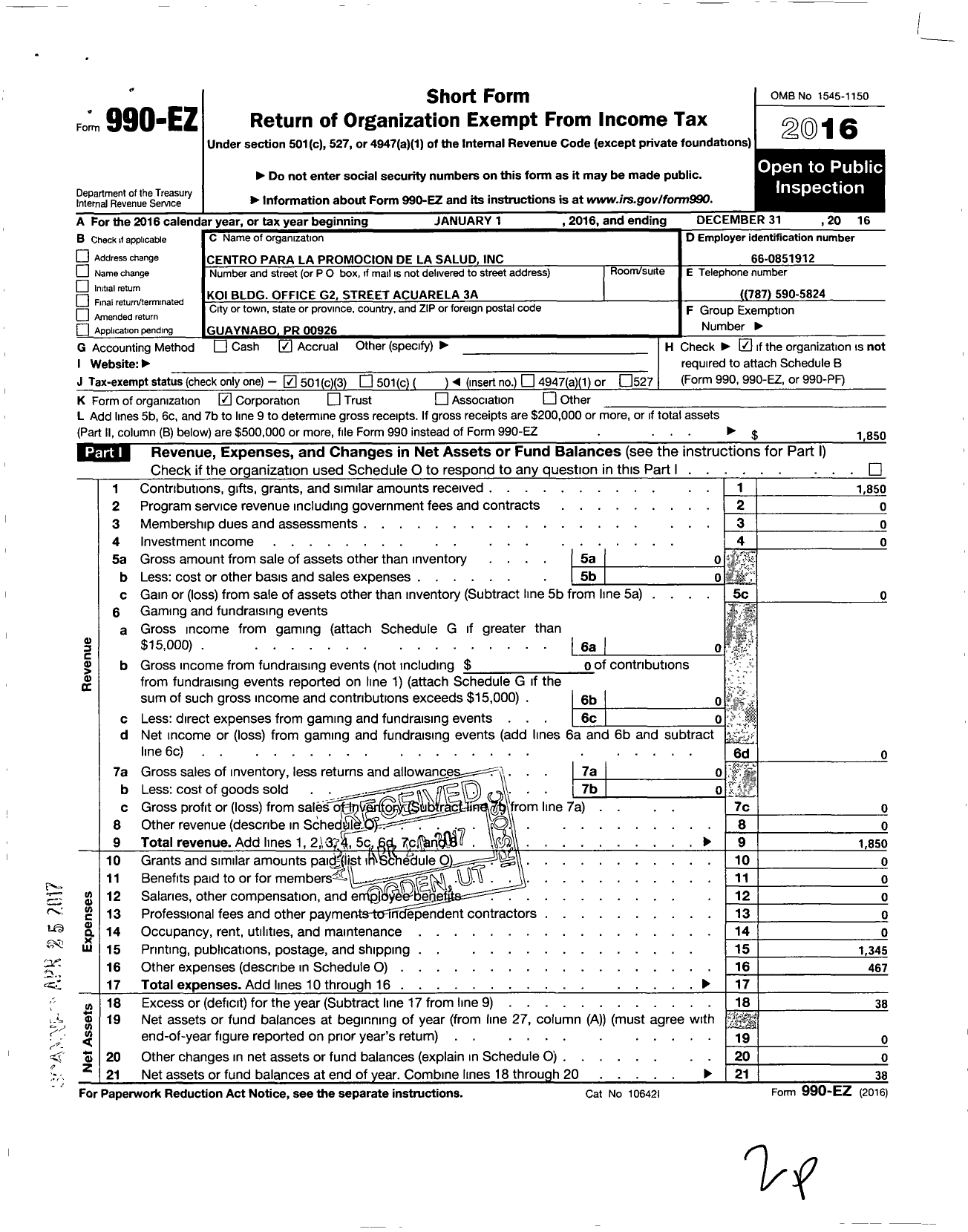 Image of first page of 2016 Form 990EZ for Centro Para La Promocion de La Salud