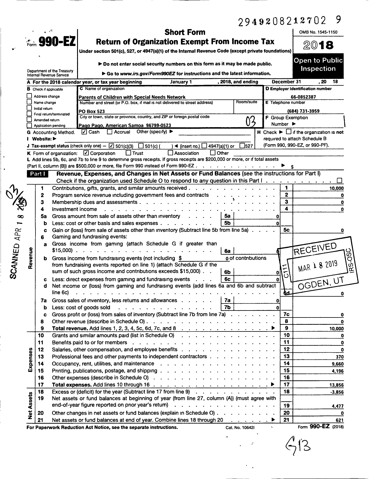 Image of first page of 2018 Form 990EZ for Parents of Children with Special Needs Network