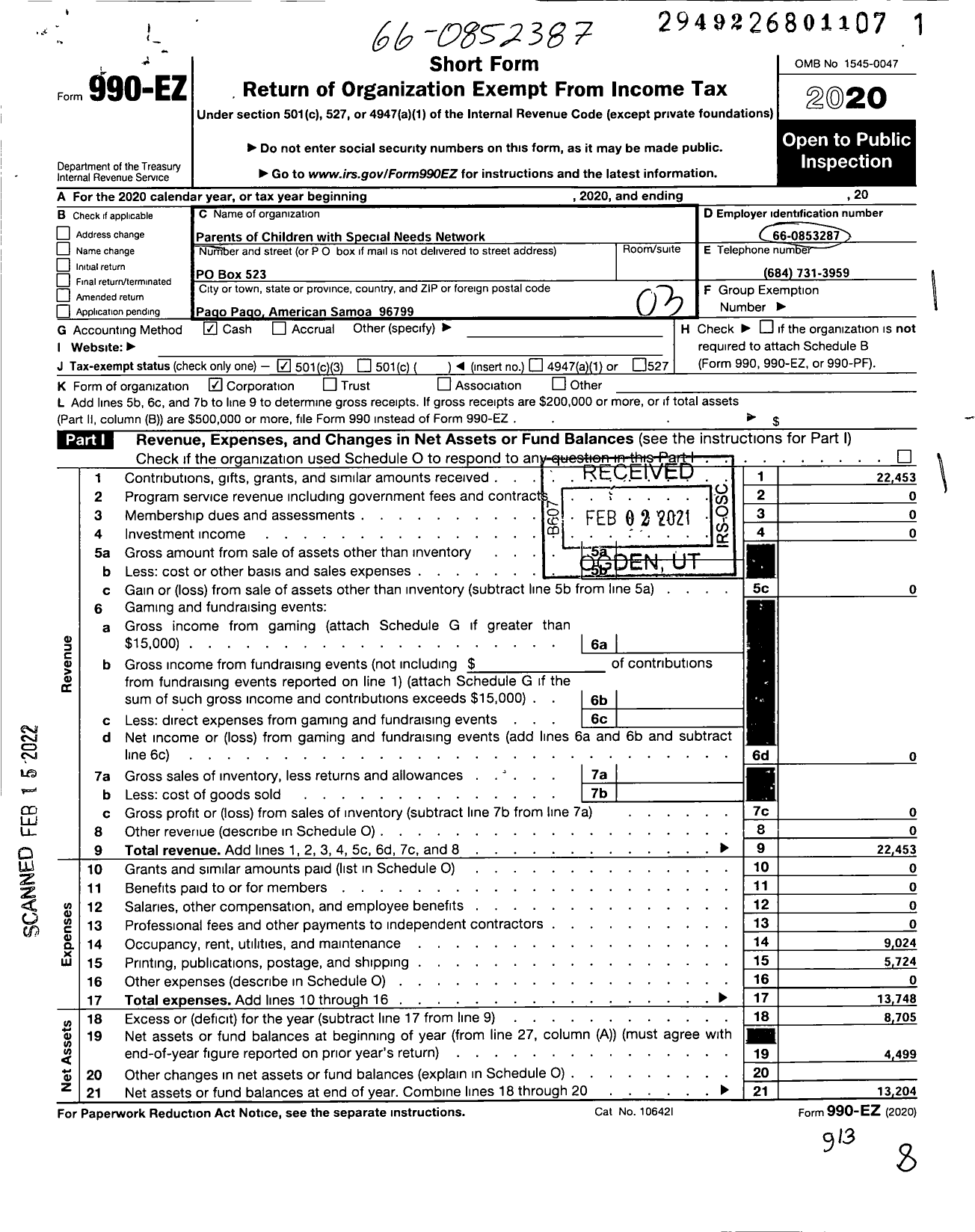 Image of first page of 2020 Form 990EZ for Parents of Children with Special Needs Network