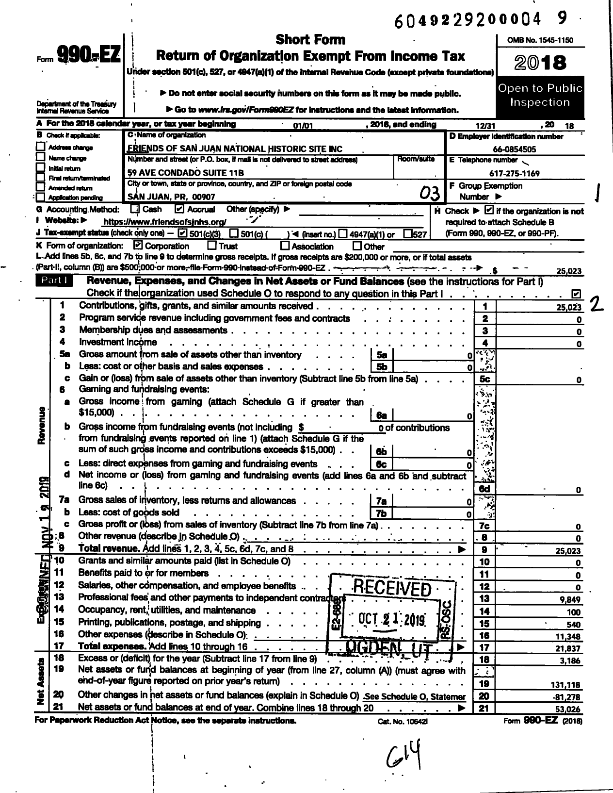 Image of first page of 2018 Form 990EZ for Friends Ofsan Juan National Historic Site