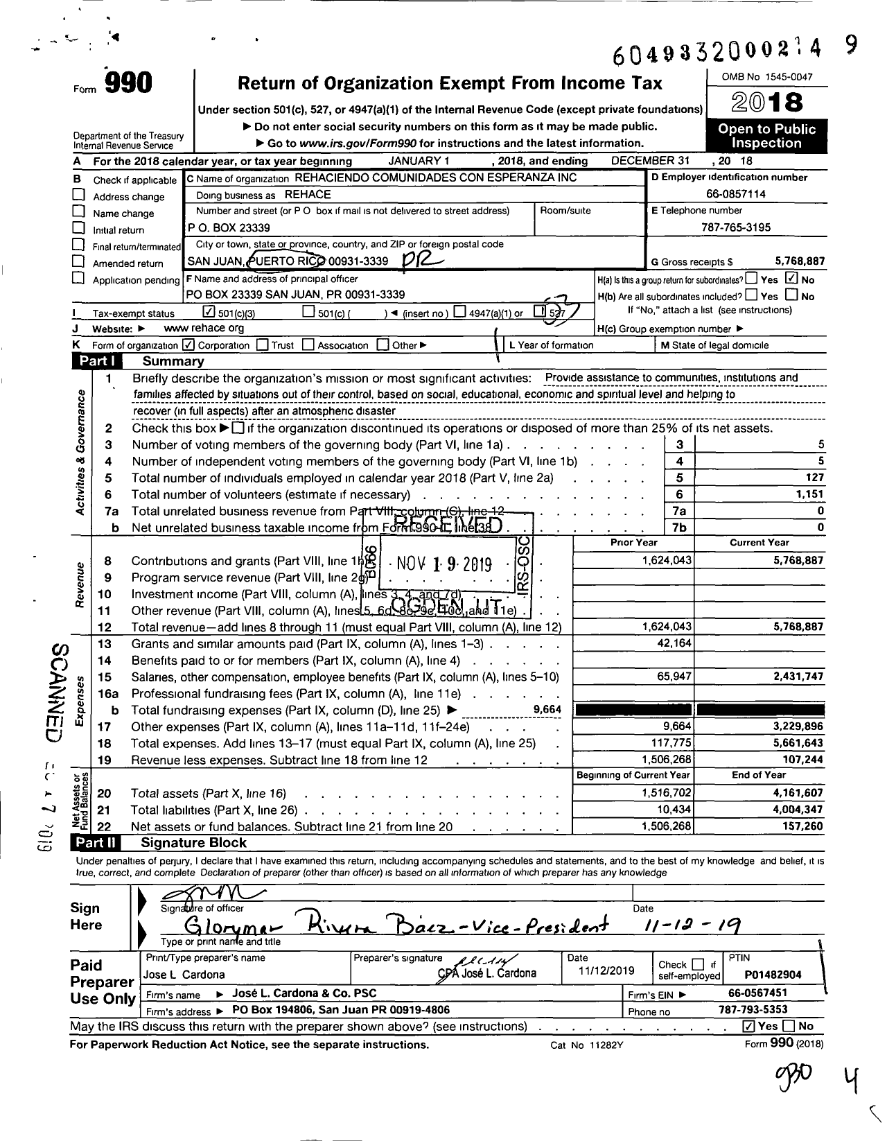 Image of first page of 2018 Form 990 for Rehaciendo Comunidades Con Esparanza