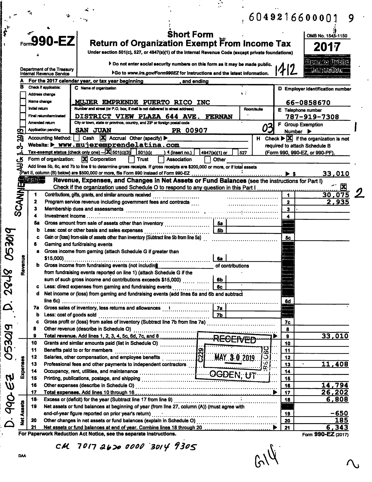 Image of first page of 2017 Form 990EZ for Mujer Emprende Puerto Rico