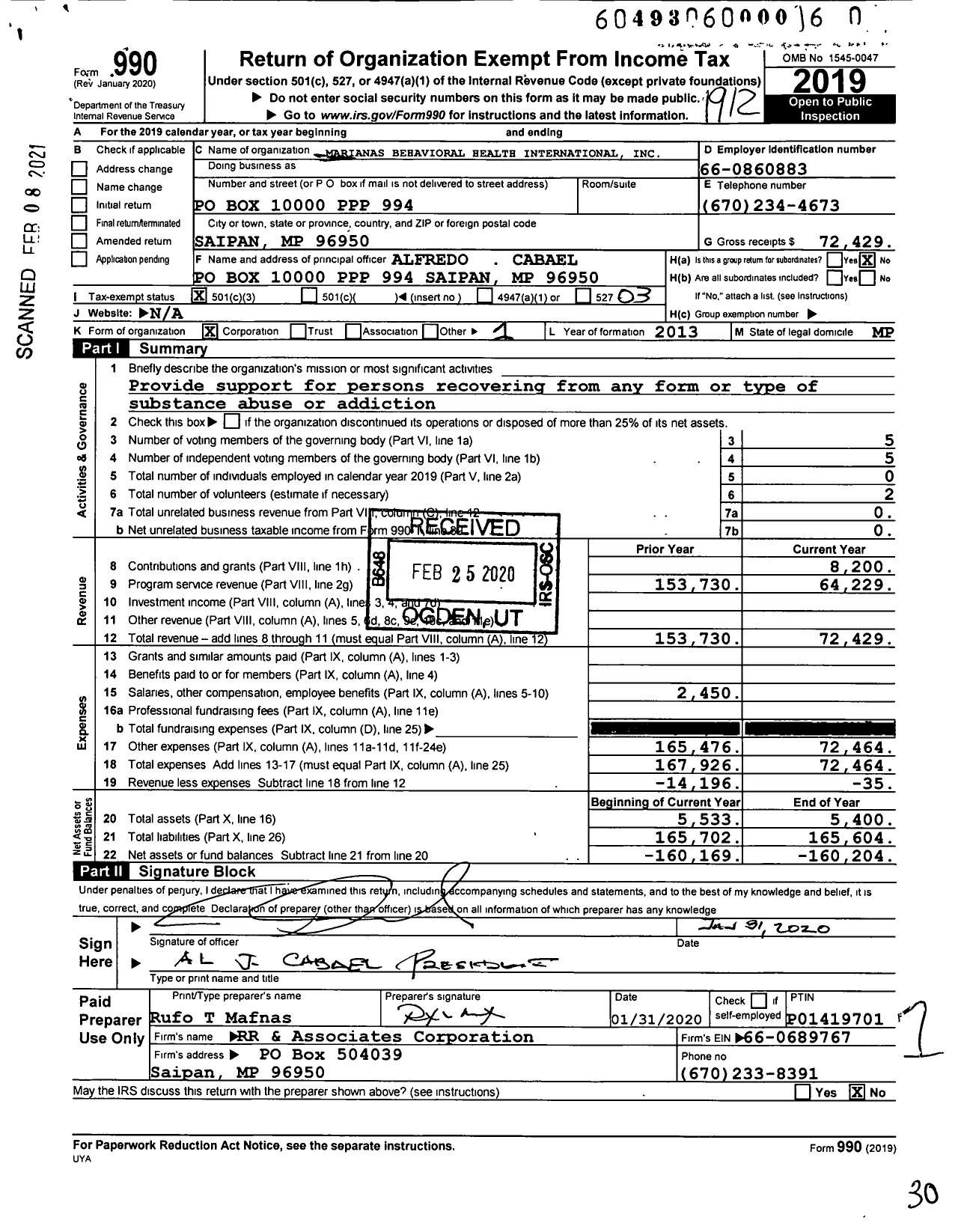 Image of first page of 2019 Form 990 for Marianas Behavioral Health International