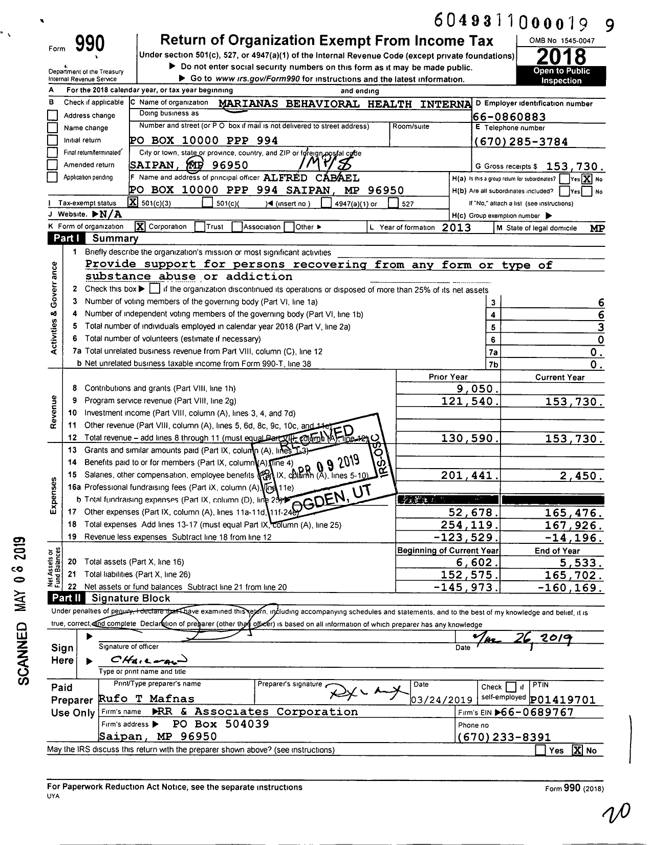 Image of first page of 2018 Form 990 for Marianas Behavioral Health International