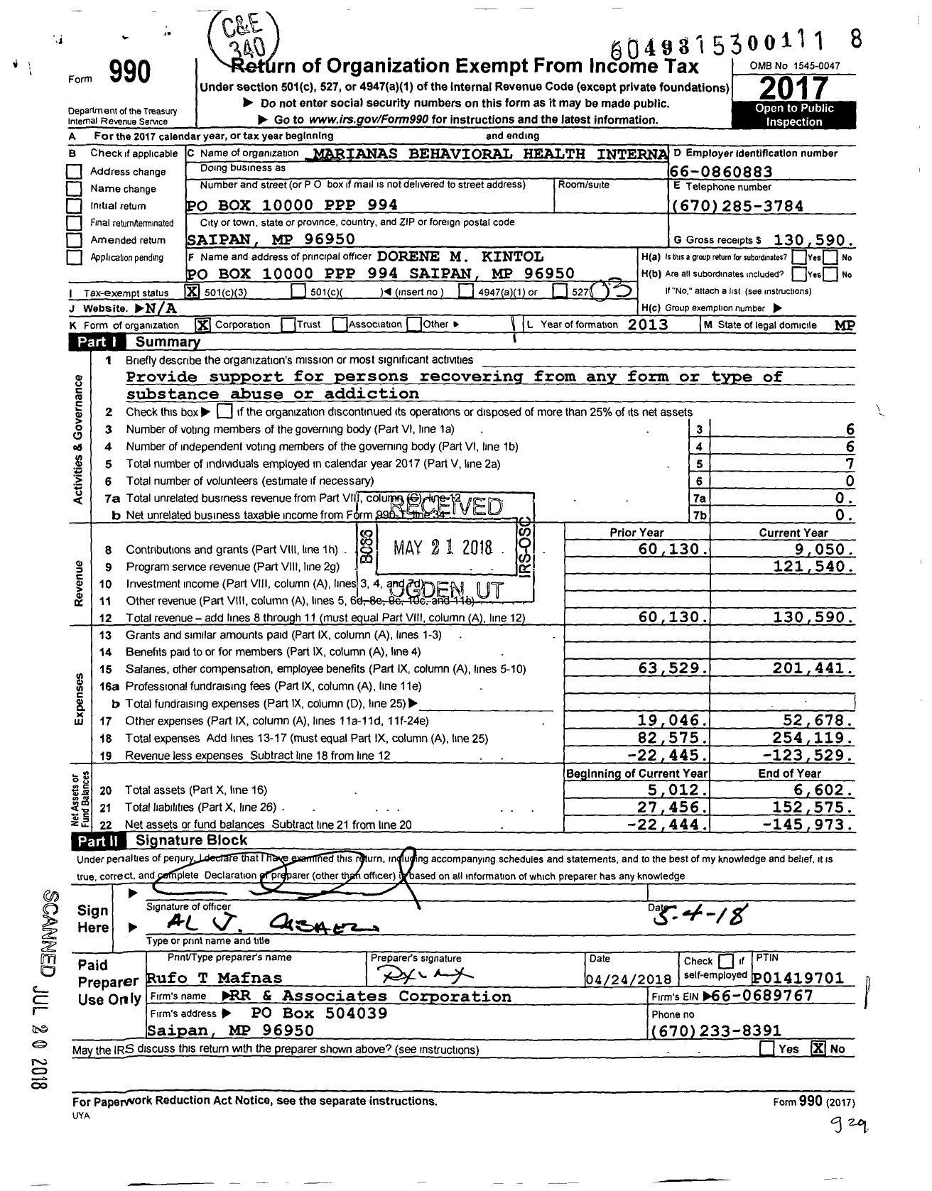 Image of first page of 2017 Form 990 for Marianas Behavioral Health International