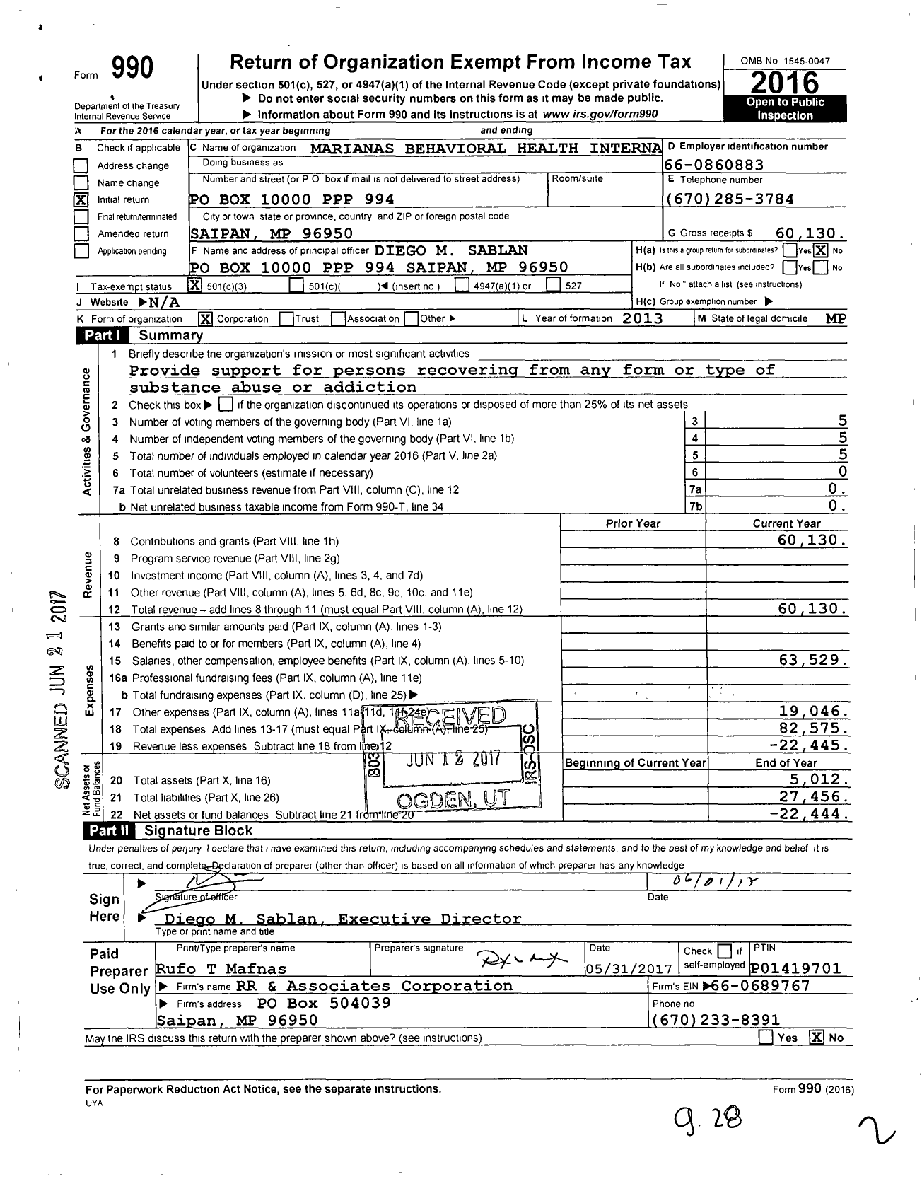 Image of first page of 2016 Form 990 for Marianas Behavioral Health International