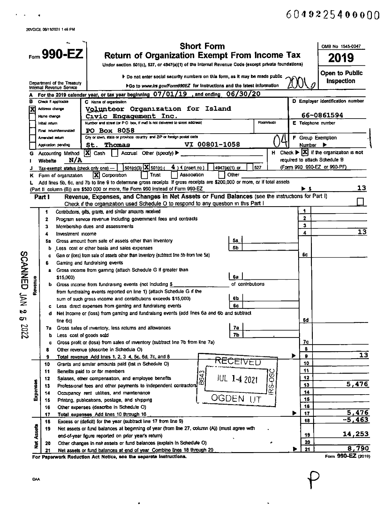 Image of first page of 2019 Form 990EO for Volunteer Organization for Island Civic Engagement