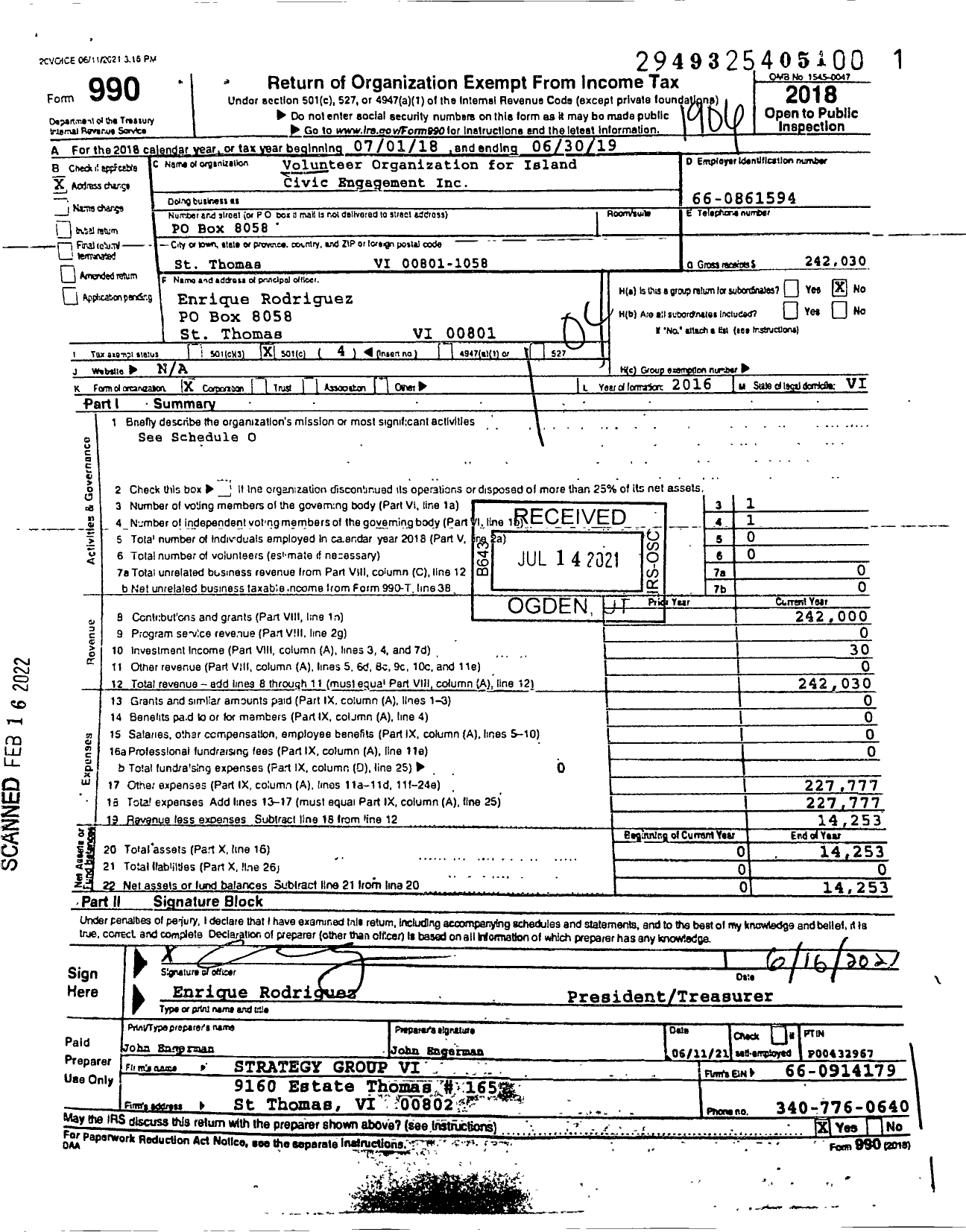 Image of first page of 2018 Form 990O for Volunteer Organization for Island Civic Engagement