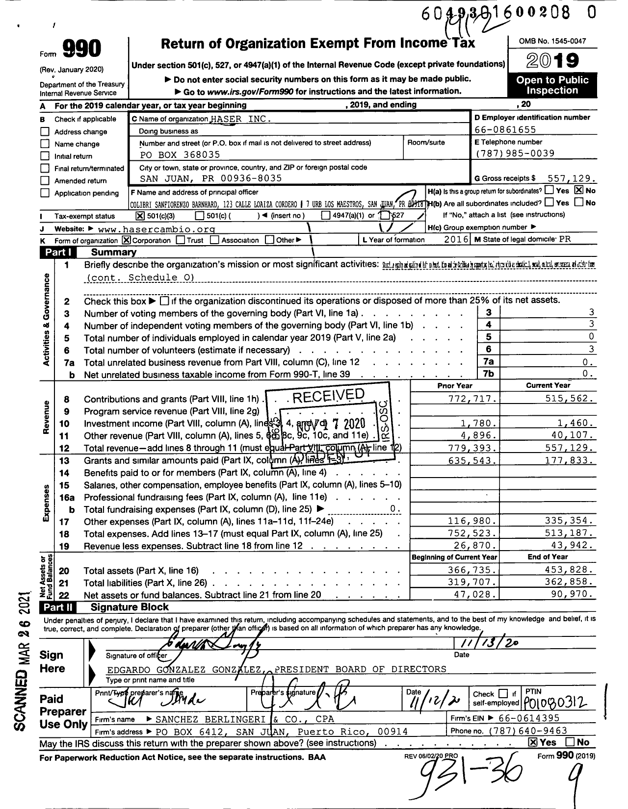 Image of first page of 2019 Form 990 for Haser