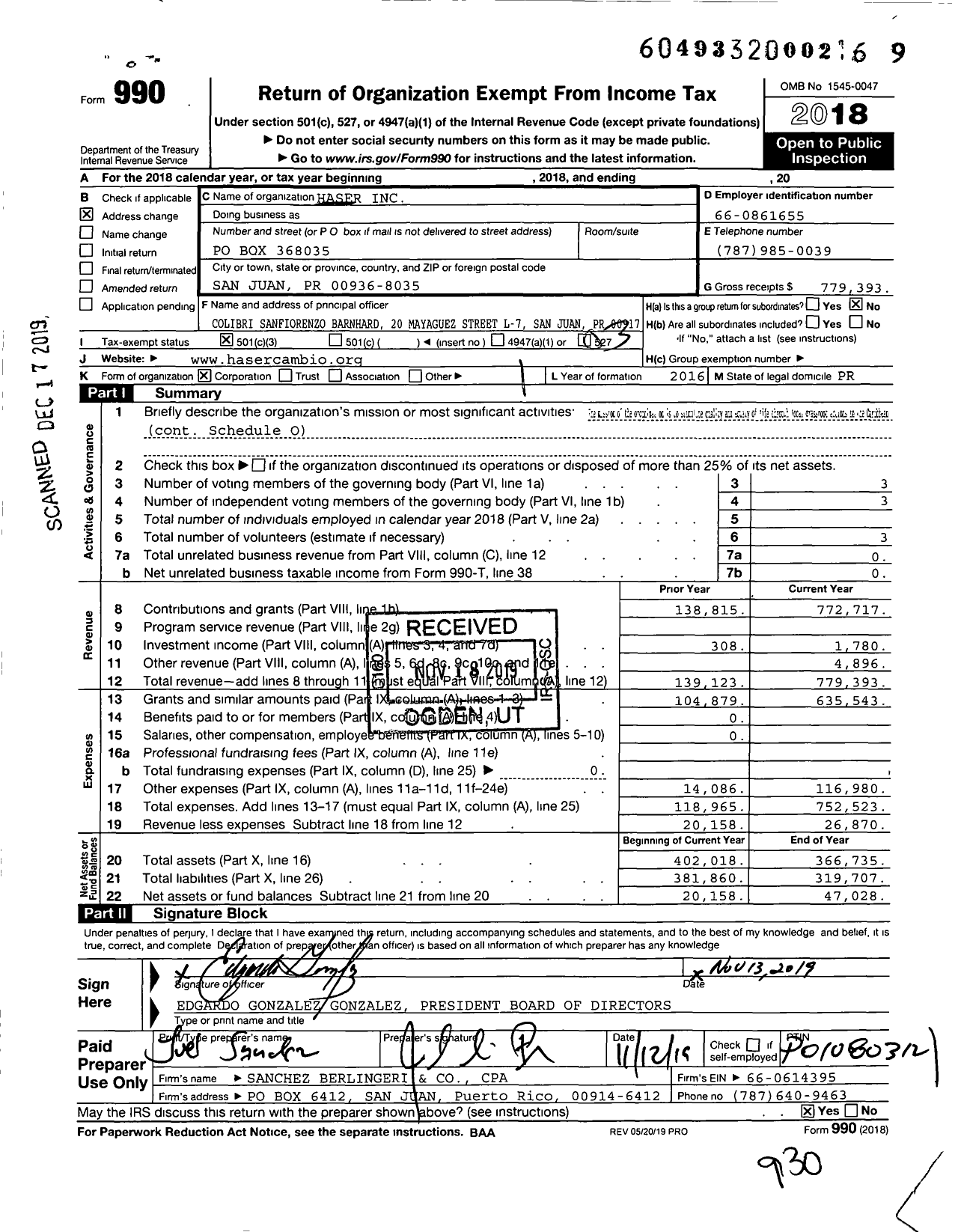 Image of first page of 2018 Form 990 for Haser