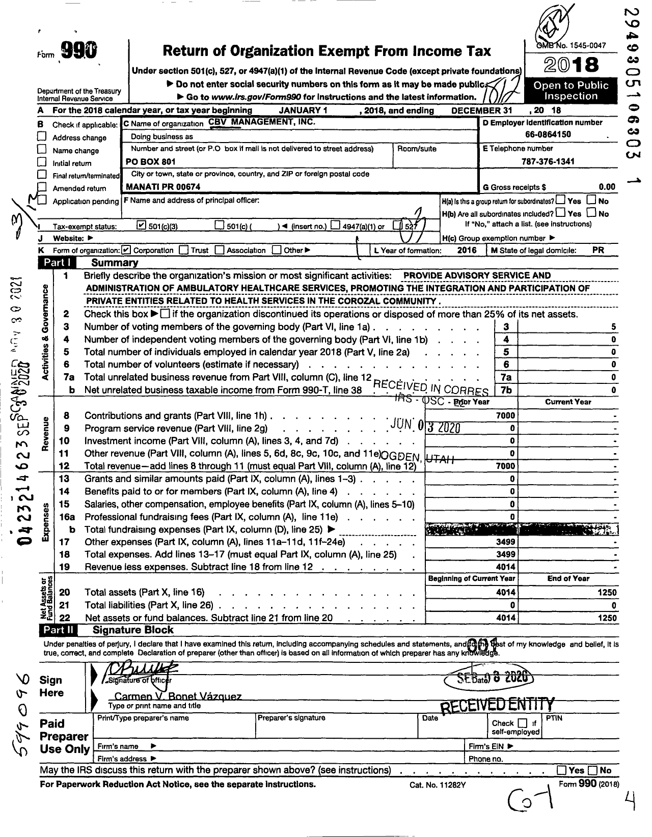 Image of first page of 2018 Form 990 for CBV Management