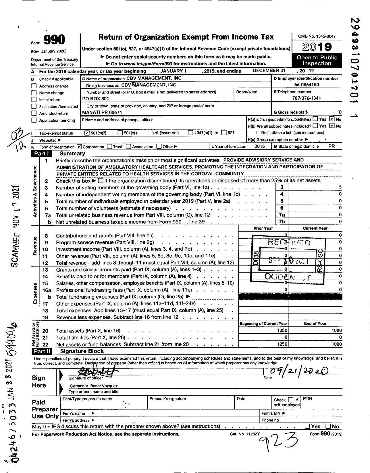 Image of first page of 2019 Form 990 for CBV Management