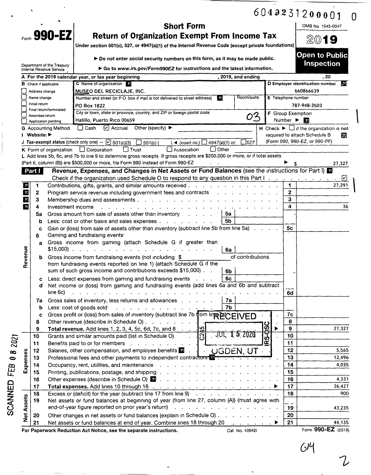 Image of first page of 2019 Form 990EZ for Museo Del Reciclaje