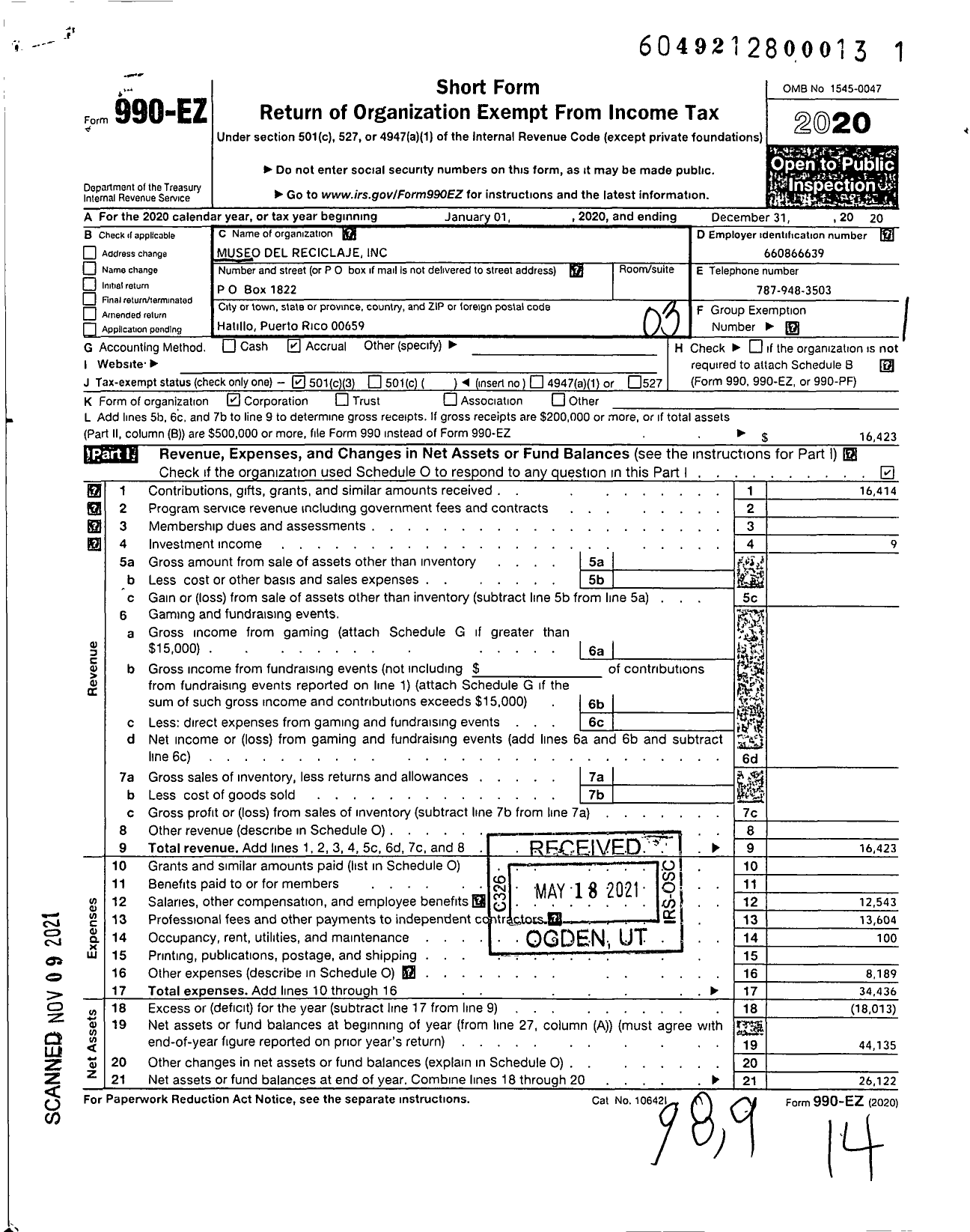 Image of first page of 2020 Form 990EZ for Museo Del Reciclaje