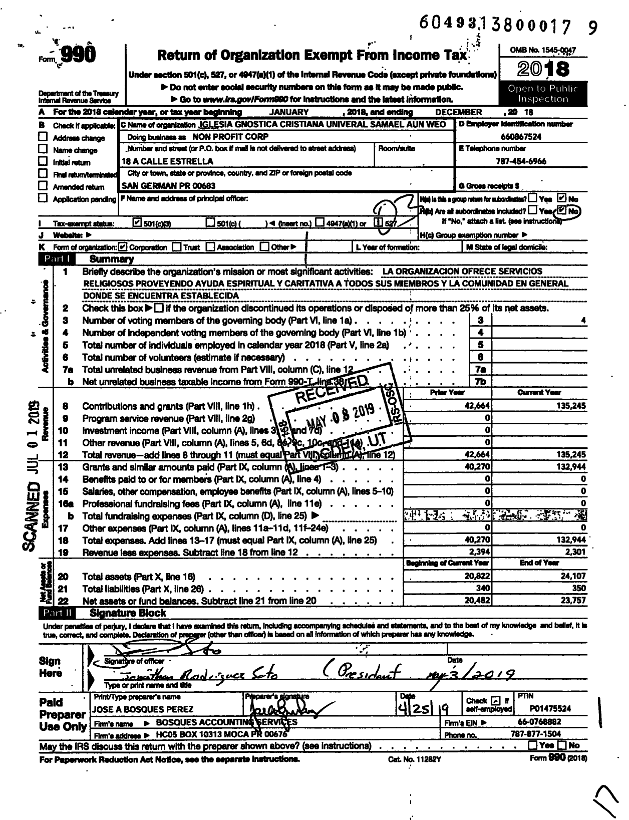 Image of first page of 2018 Form 990 for Non Profit Corporation