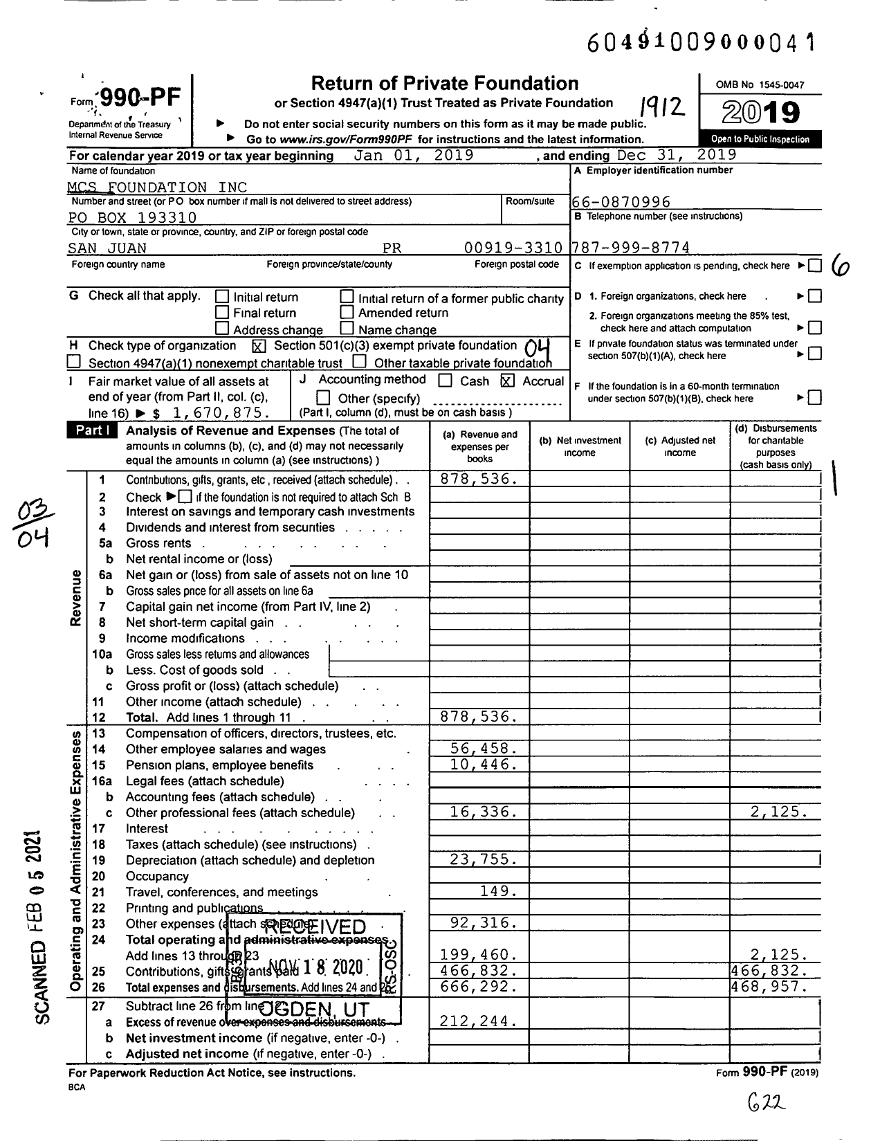 Image of first page of 2019 Form 990PF for MCS Foundation