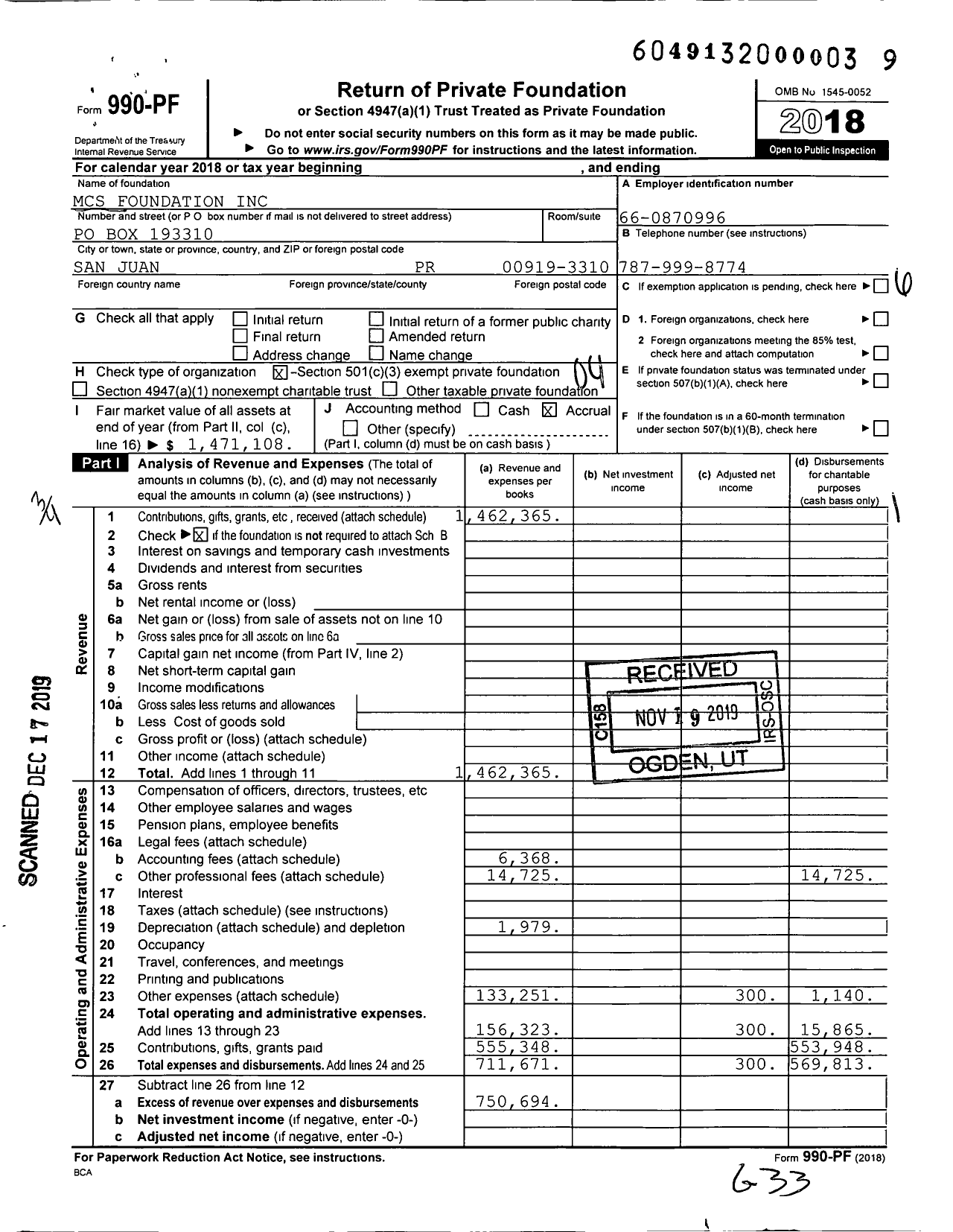 Image of first page of 2018 Form 990PF for MCS Foundation