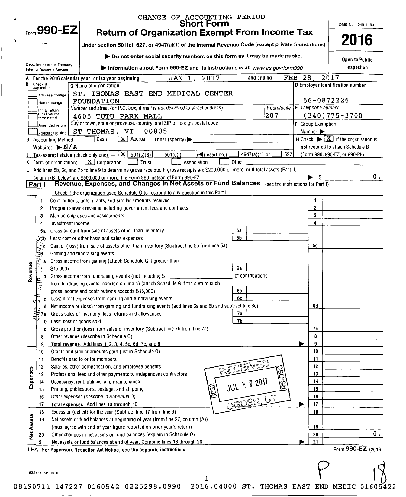 Image of first page of 2016 Form 990EZ for St Thomas East End Medical Center Foundation