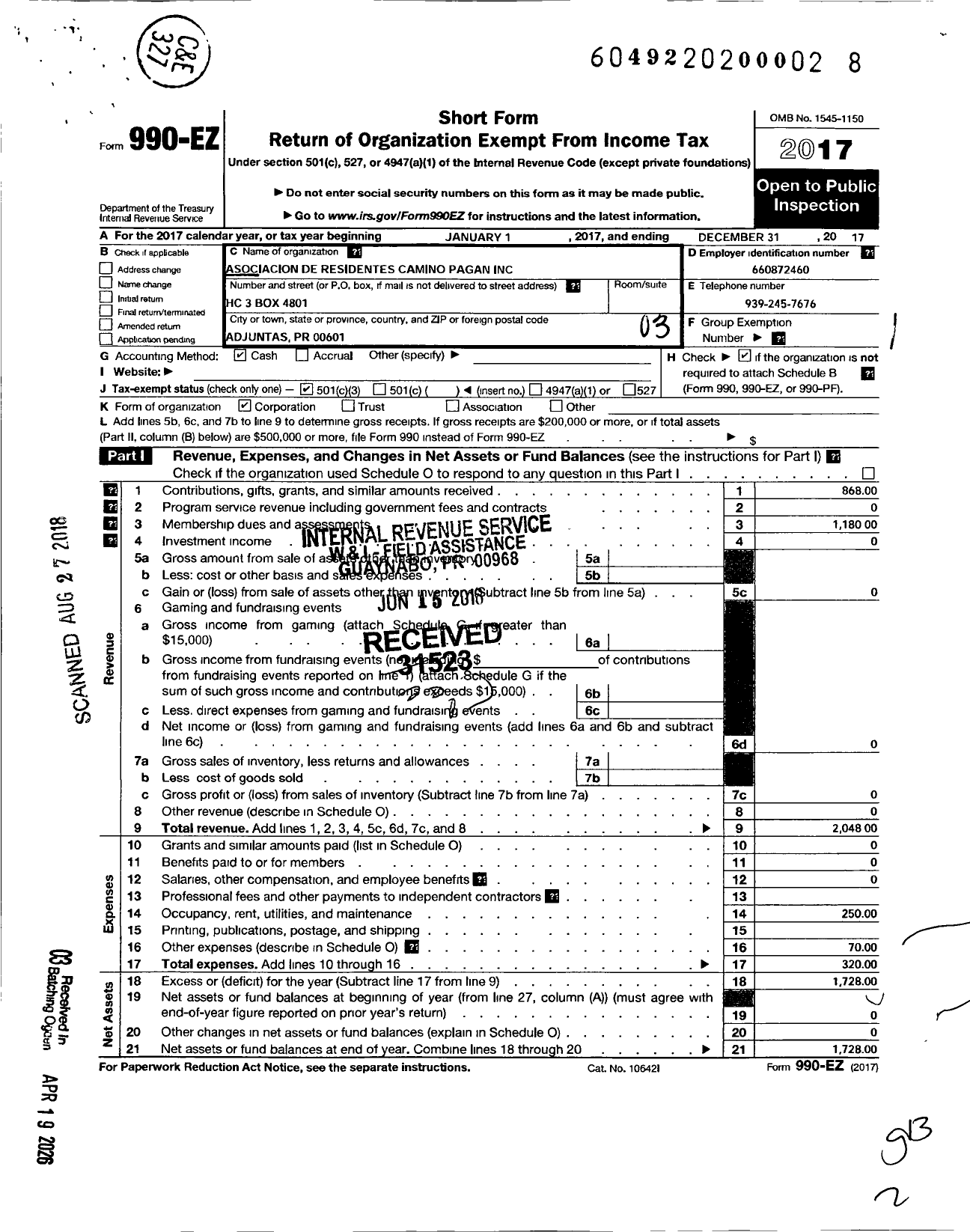 Image of first page of 2017 Form 990EZ for Asociacion de Residentes Camino