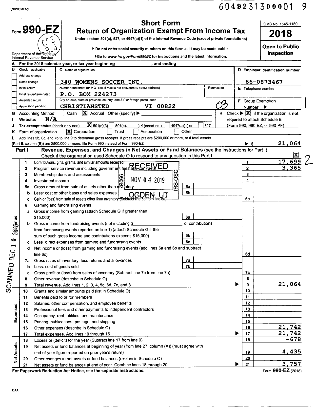 Image of first page of 2018 Form 990EZ for 340 Womens Soccer