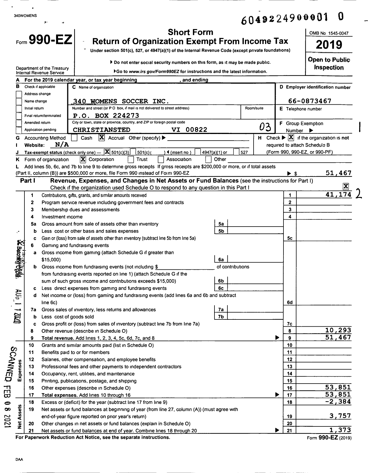 Image of first page of 2019 Form 990EZ for 340 Womens Soccer