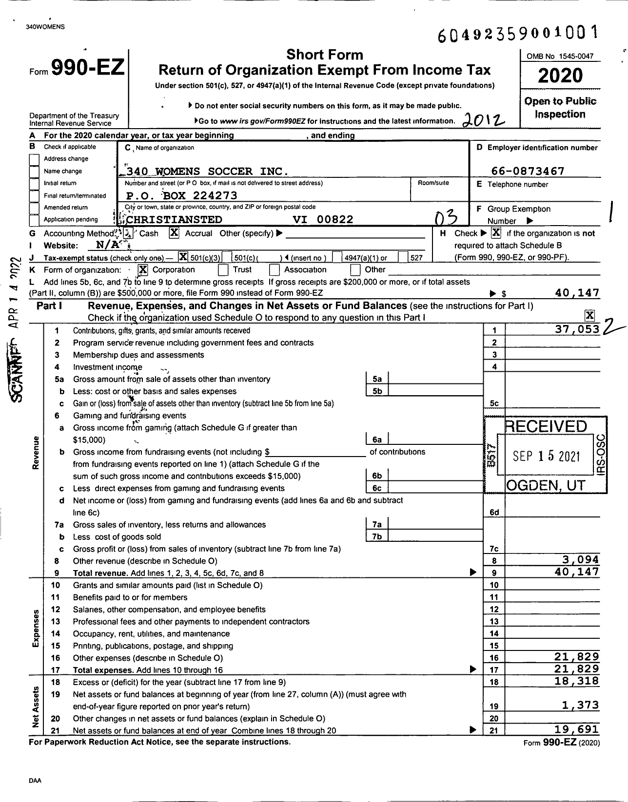 Image of first page of 2020 Form 990EZ for 340 Womens Soccer