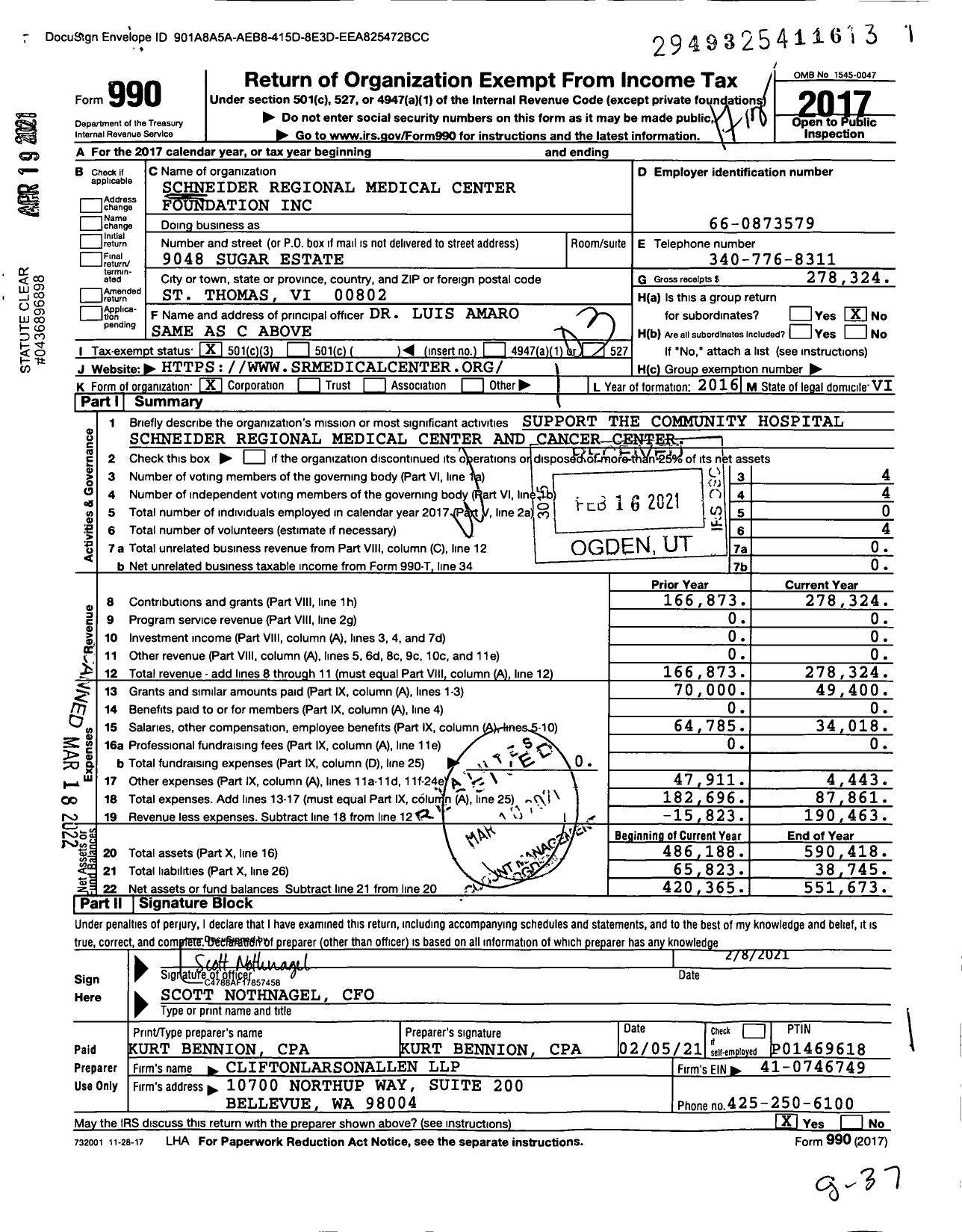 Image of first page of 2017 Form 990 for Schneider Regional Medical Center Foundation