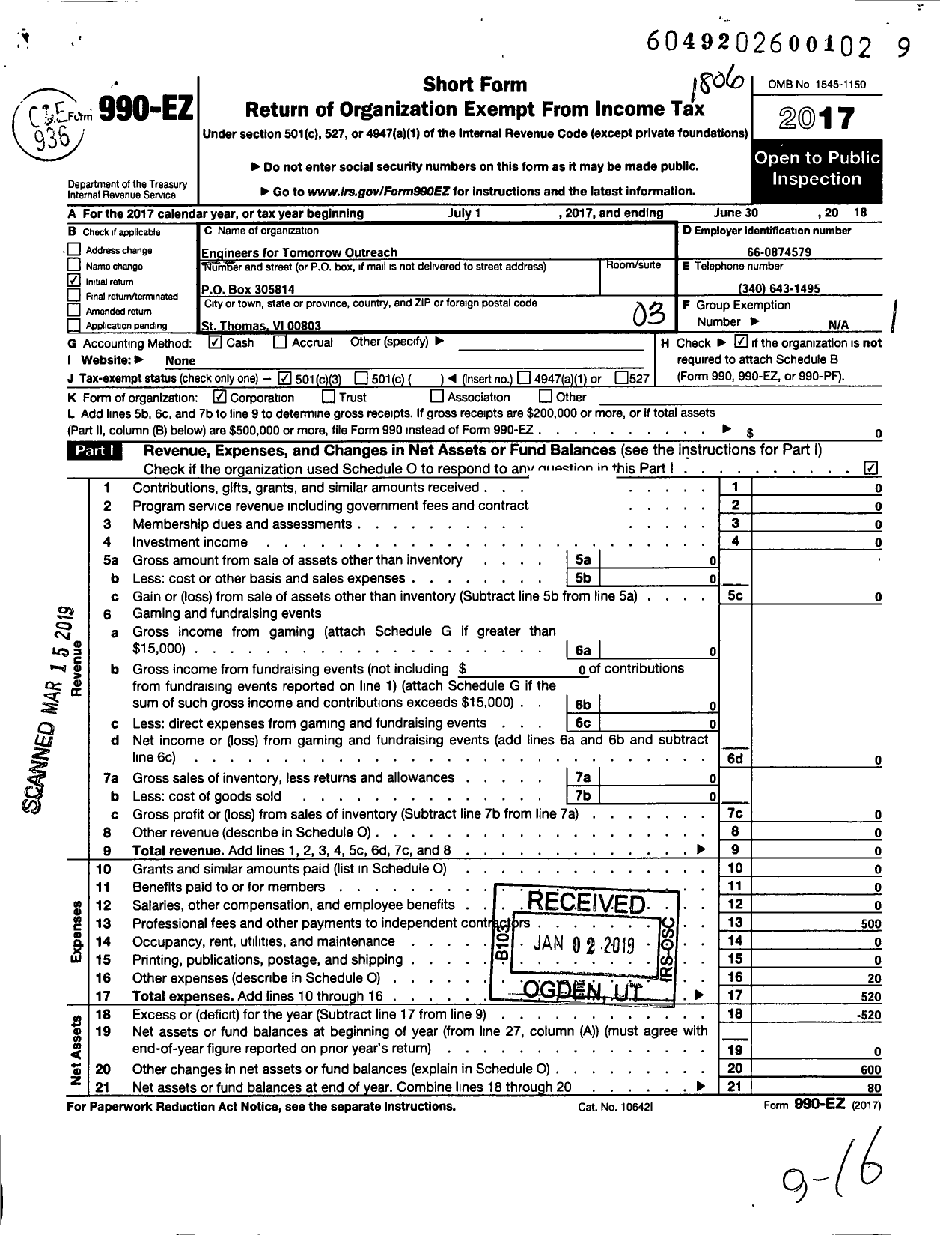 Image of first page of 2017 Form 990EZ for Engineers for Tomorrow Outreach