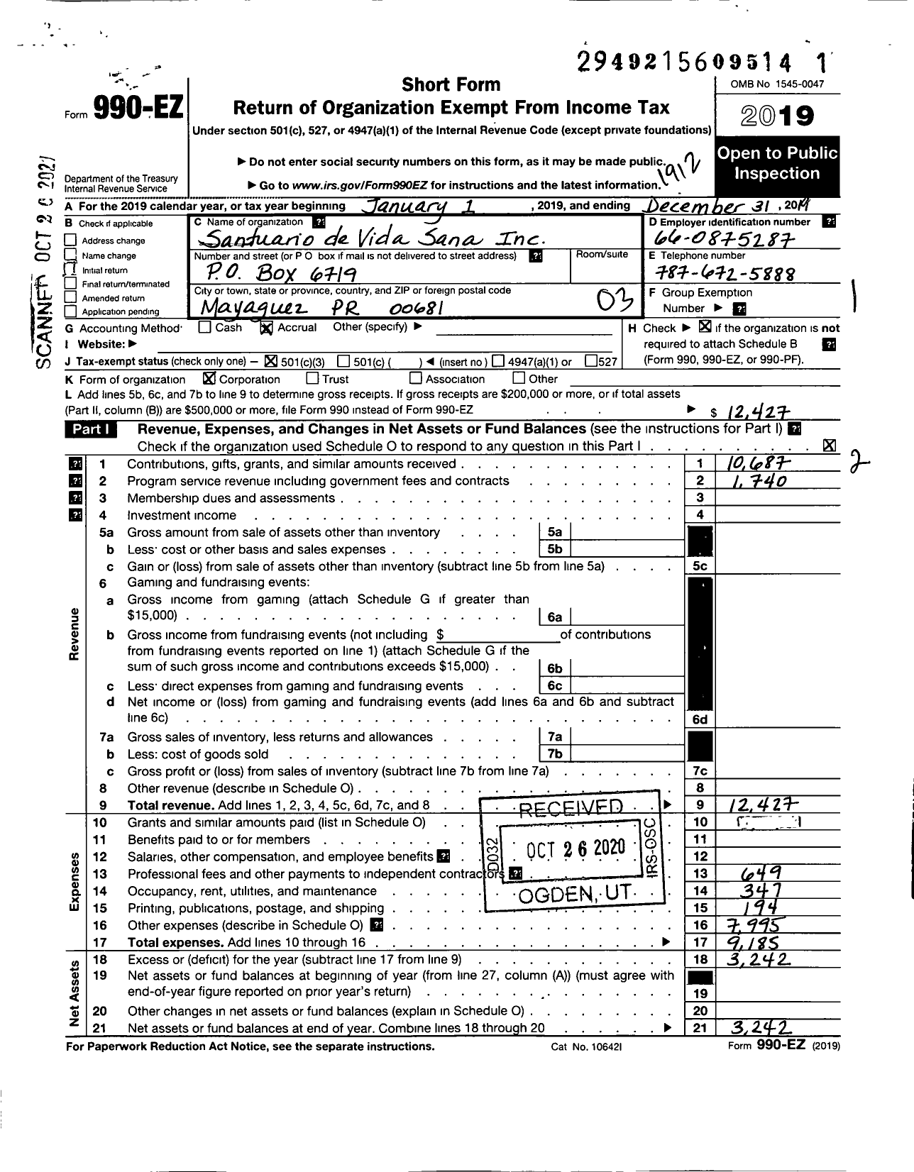 Image of first page of 2019 Form 990EZ for Santuario de Vida Sana