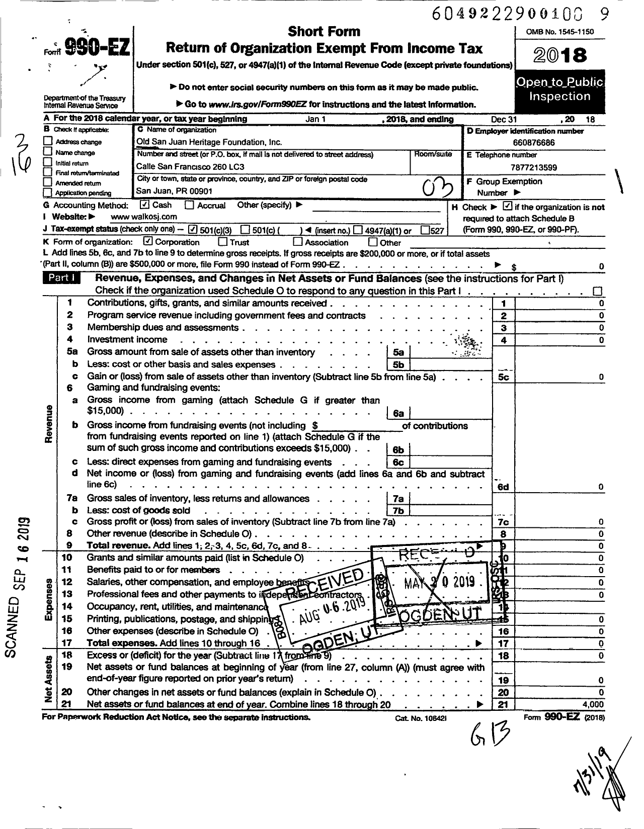 Image of first page of 2018 Form 990EZ for Old San Juan Heritage Foundation LLC