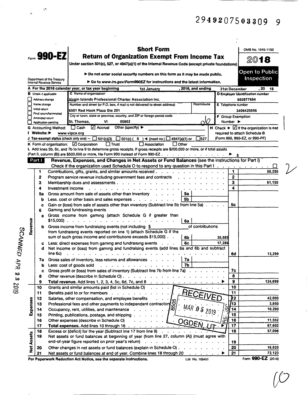 Image of first page of 2018 Form 990EO for Virgin Islands Professional Charter Association