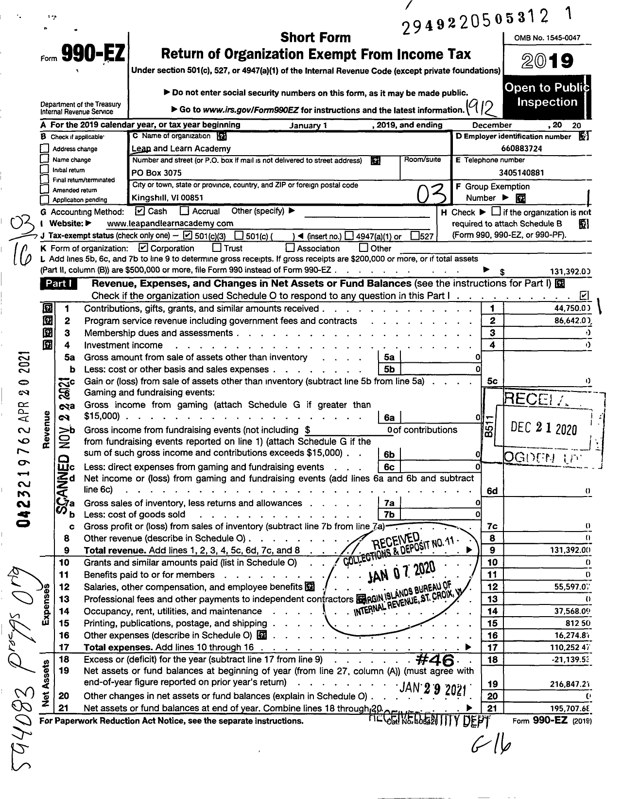 Image of first page of 2019 Form 990EZ for Leap and Learn Academy