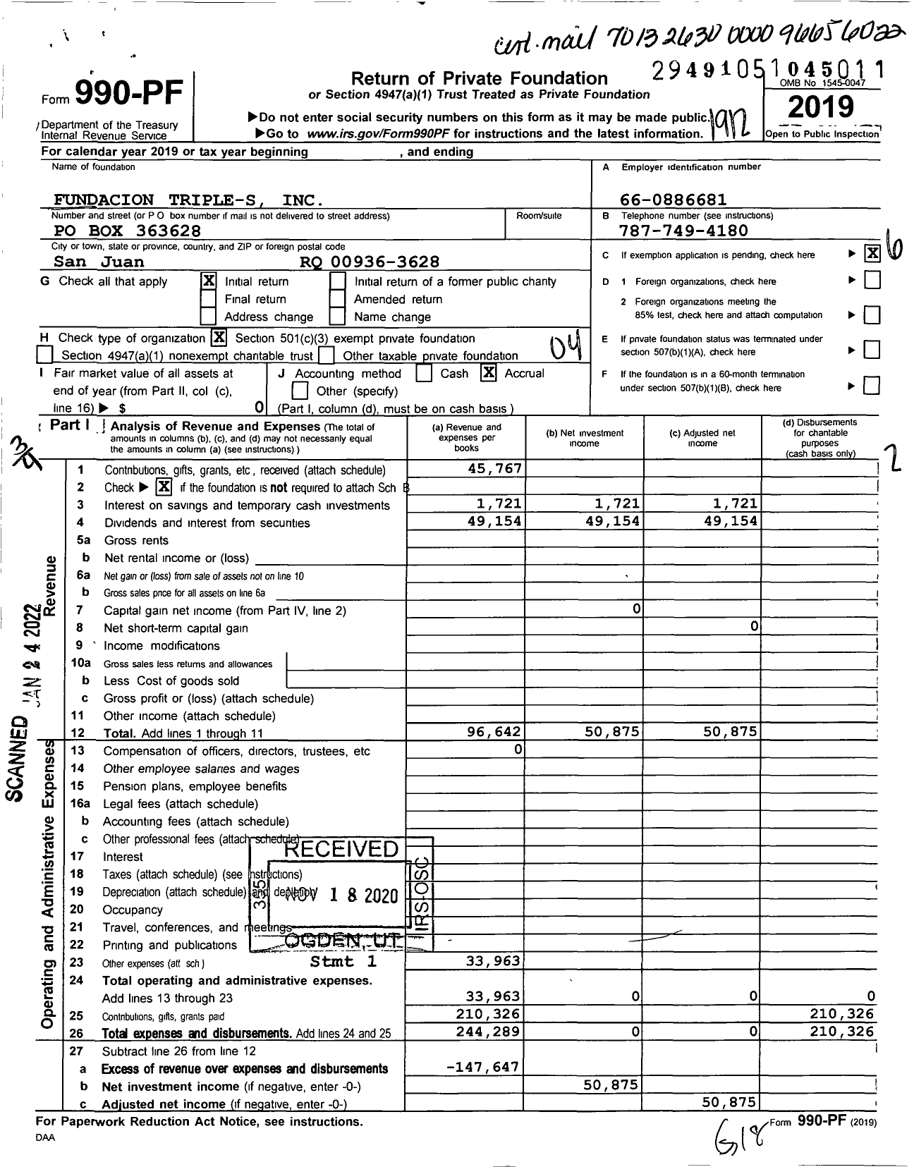 Image of first page of 2019 Form 990PF for Fundacion Triple-S