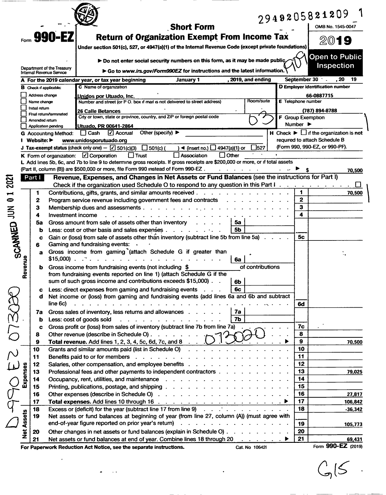 Image of first page of 2018 Form 990EZ for Unidos Por Utuado