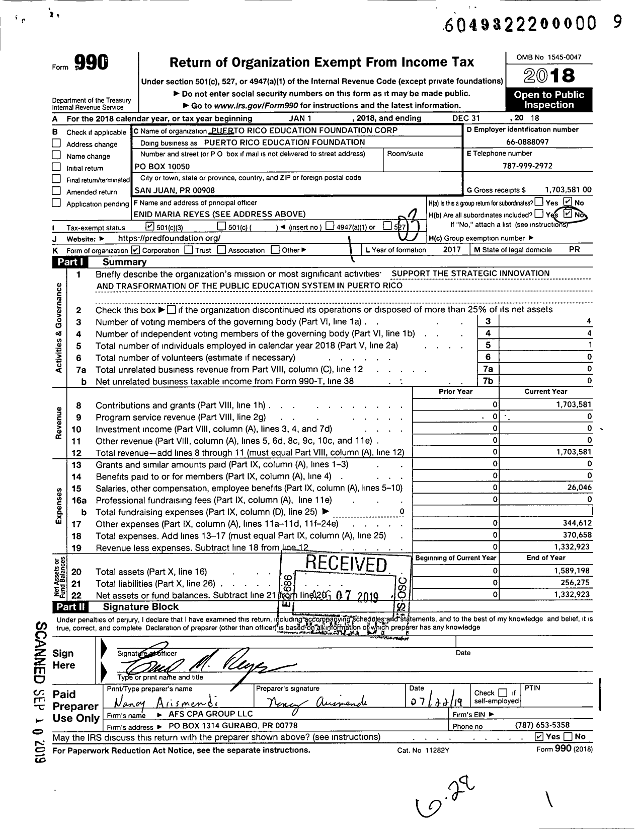 Image of first page of 2018 Form 990 for PR Education Foundation Corporation