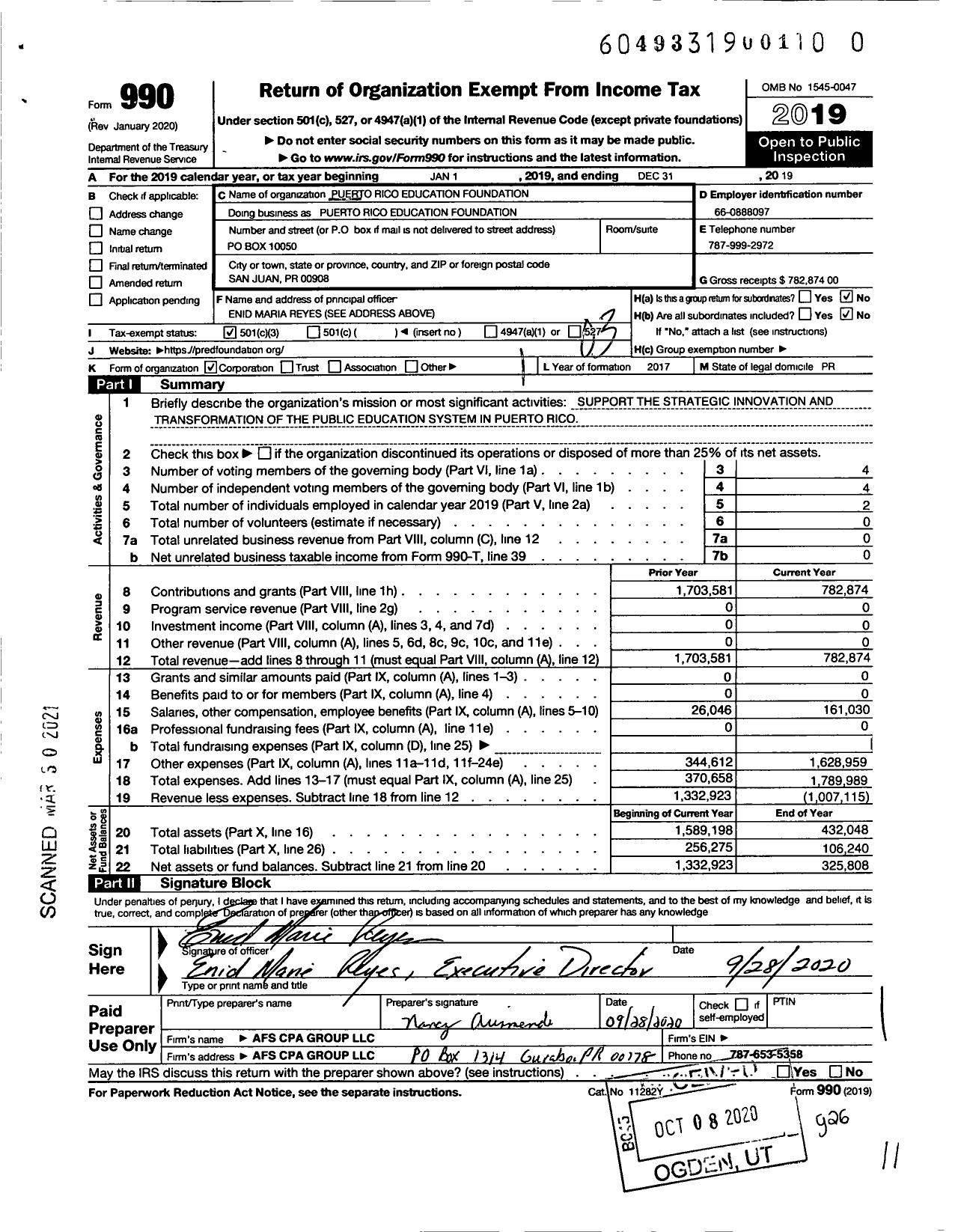 Image of first page of 2019 Form 990 for PR Education Foundation Corporation