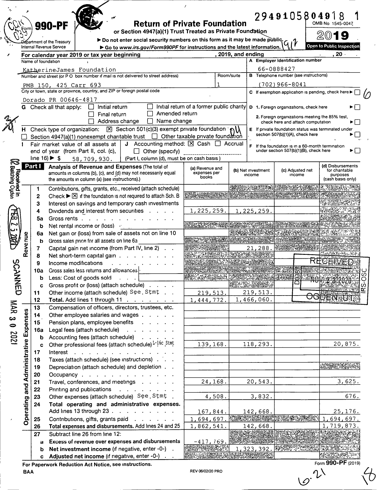 Image of first page of 2019 Form 990PF for KatherineJames Foundation