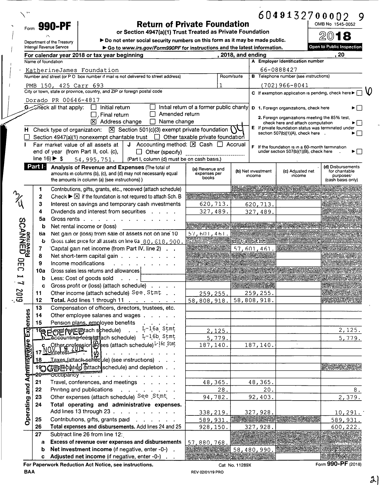 Image of first page of 2018 Form 990PF for KatherineJames Foundation
